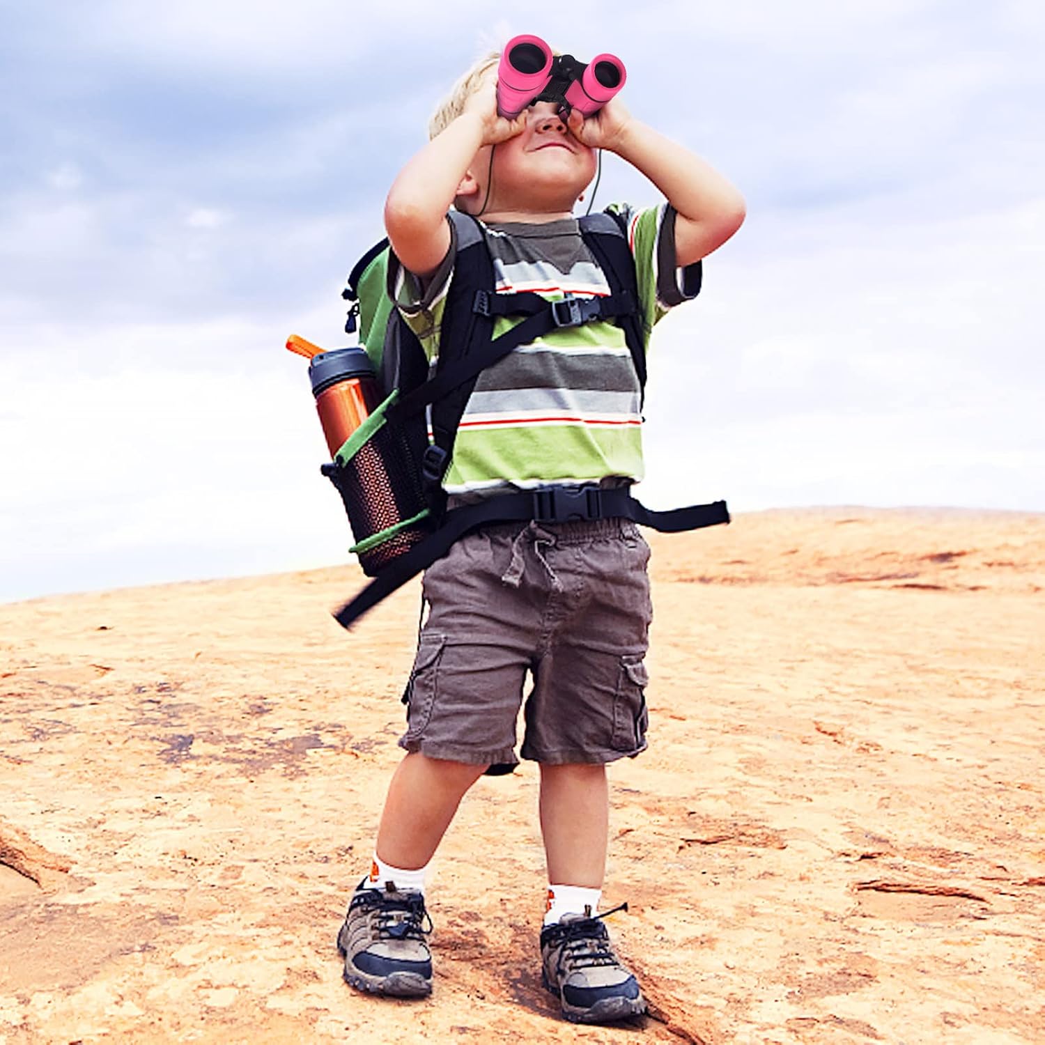 Shows a child using the product in a real-world outdoor setting, conveying a sense of adventure and exploration.