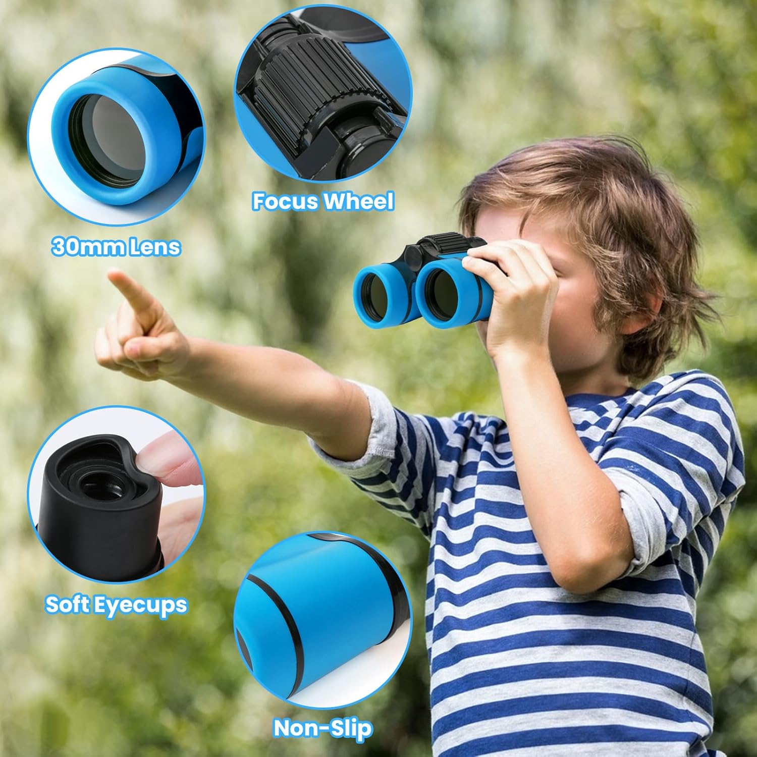 Highlights multiple key features of the binoculars like the 30mm lens, focus wheel, soft eyecups, and non-slip grip to showcase its functionality and ease of use.