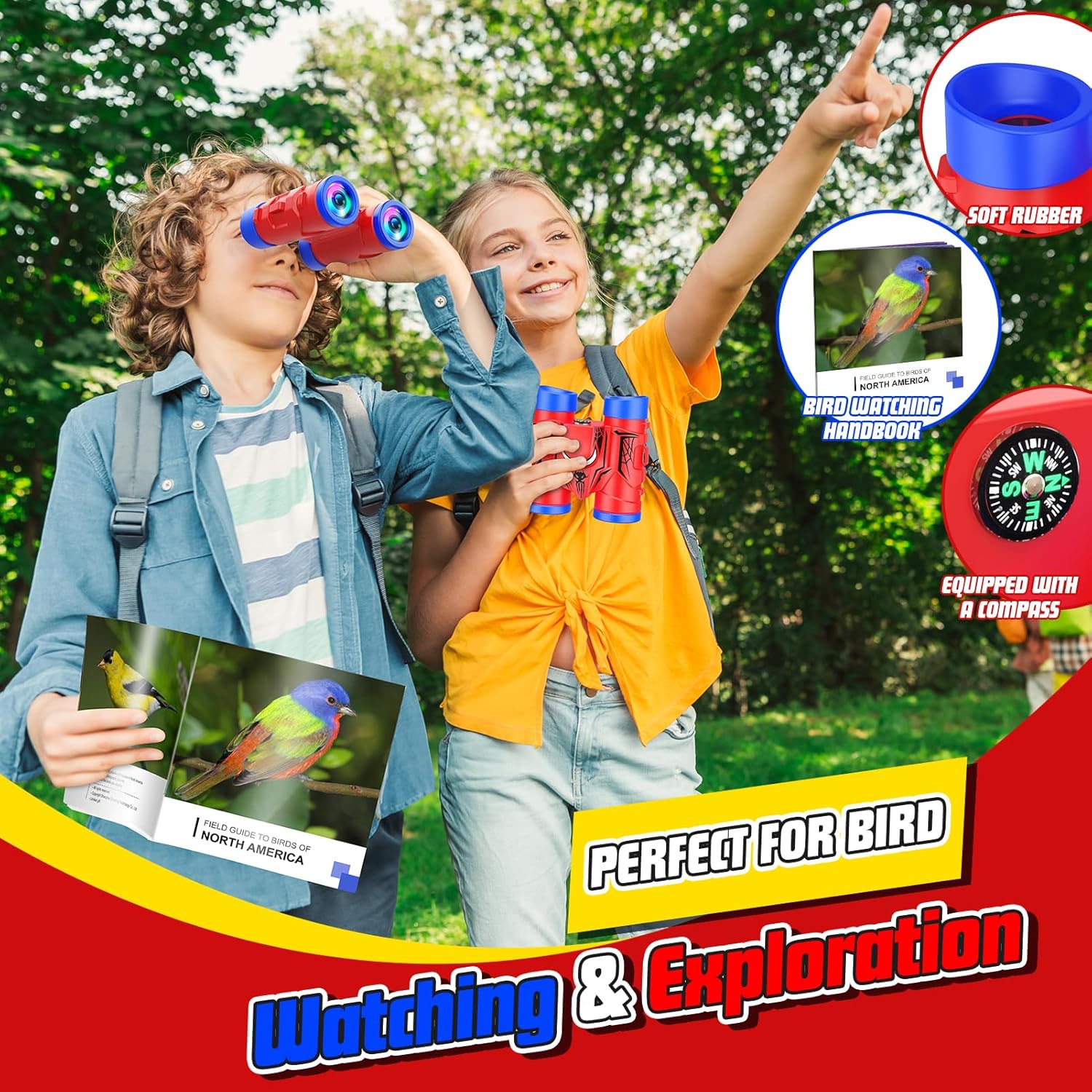 Showcases the product's suitability for bird watching and outdoor exploration activities with children.