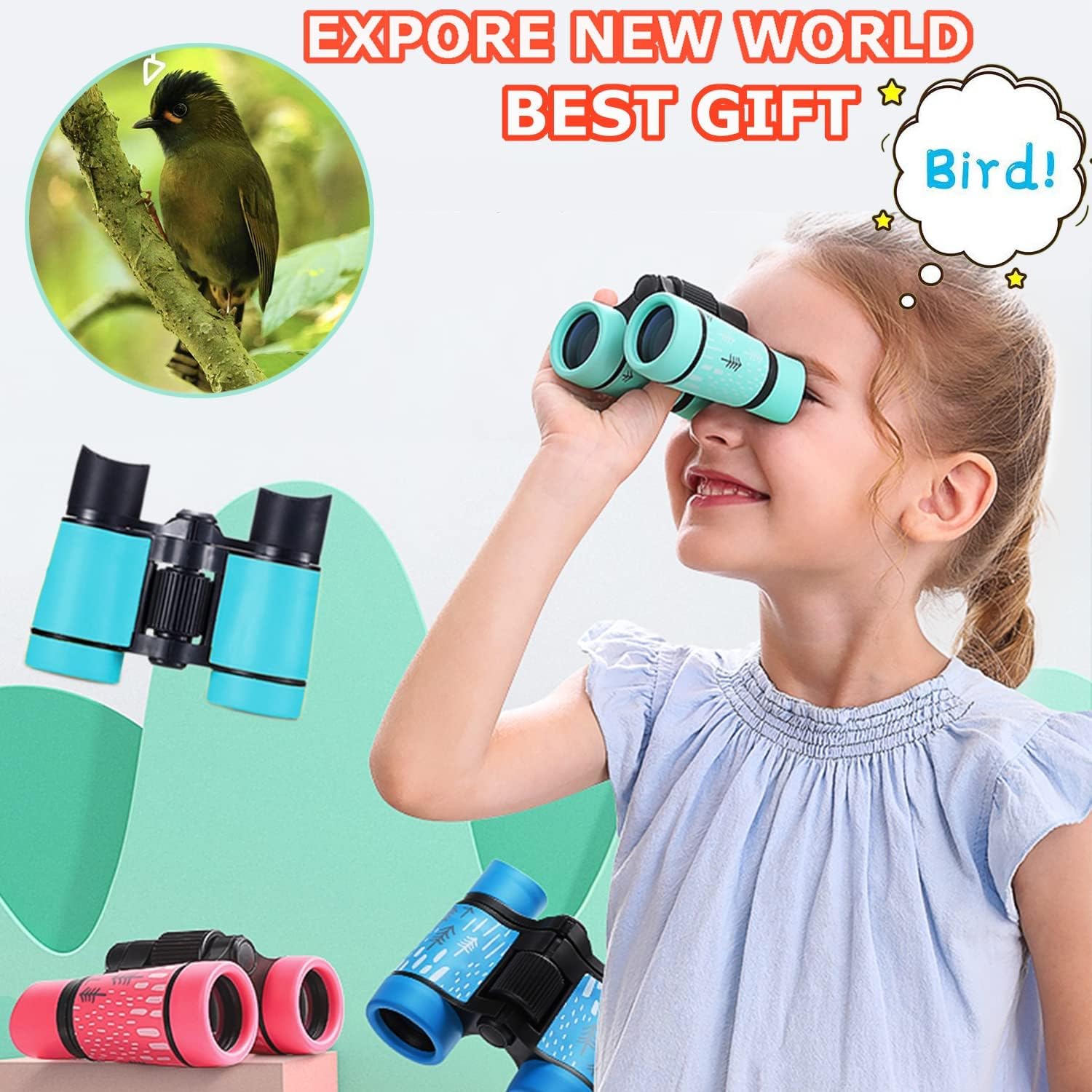 Showcases the binoculars as a versatile product for exploring nature, bird watching, and educational activities for children.