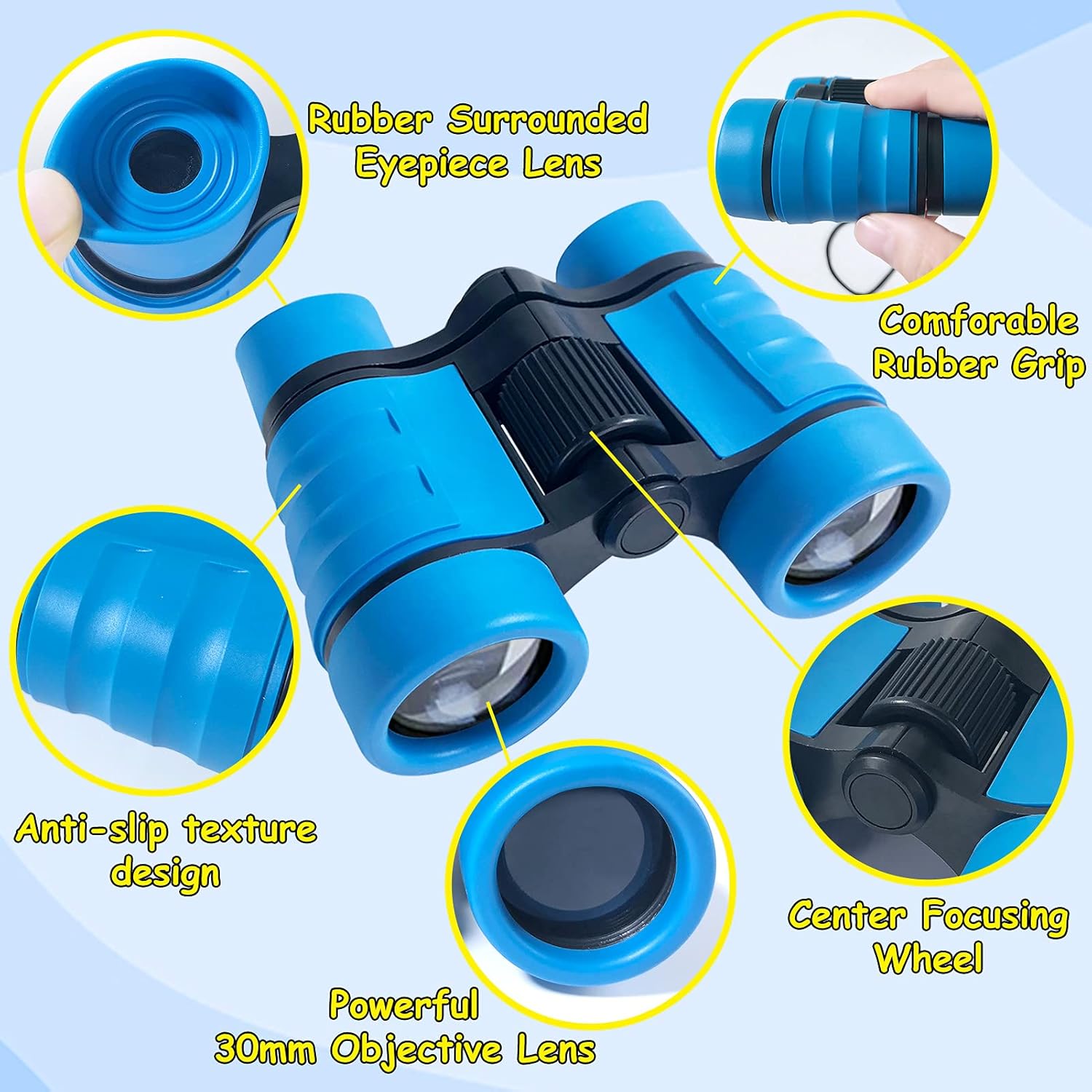Highlights the key features of the binoculars, such as the rubber-surrounded eyepiece lens, comfortable grip, anti-slip texture, focusing wheel, and large objective lens, to showcase its durability…