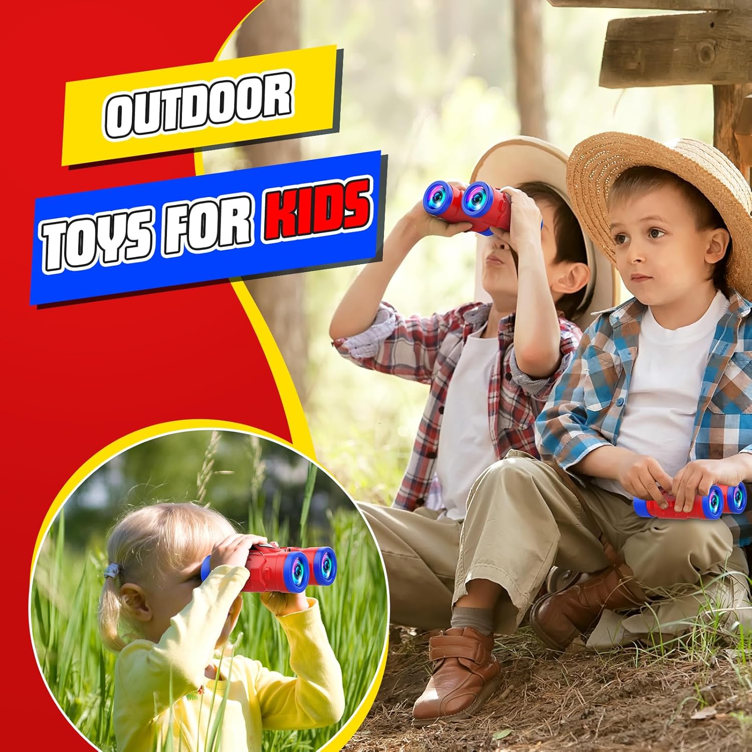 Showcases the toy binoculars as a fun outdoor activity for kids to explore nature and engage their imagination.