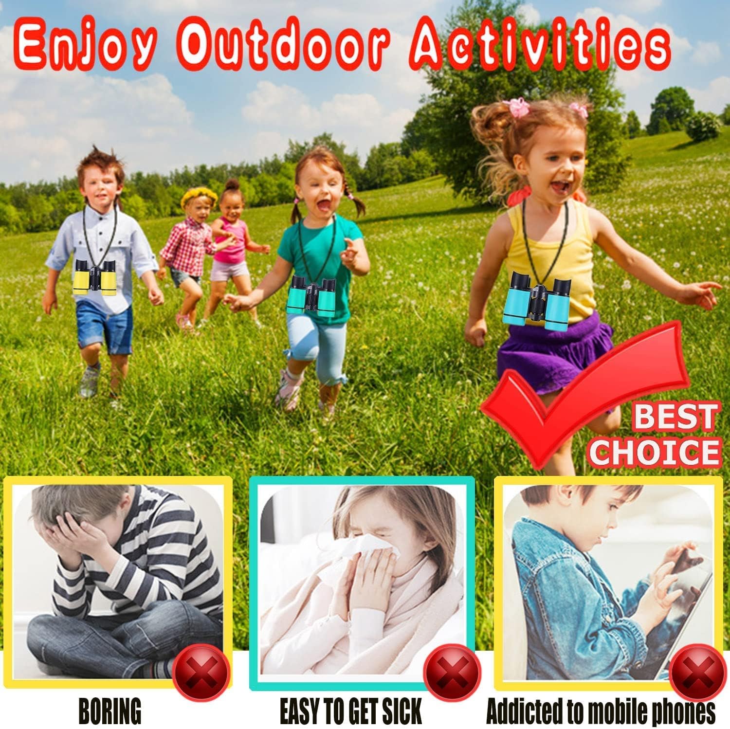 Promotes the product as a way for kids to enjoy outdoor activities and avoid boredom, sickness, and phone addiction.