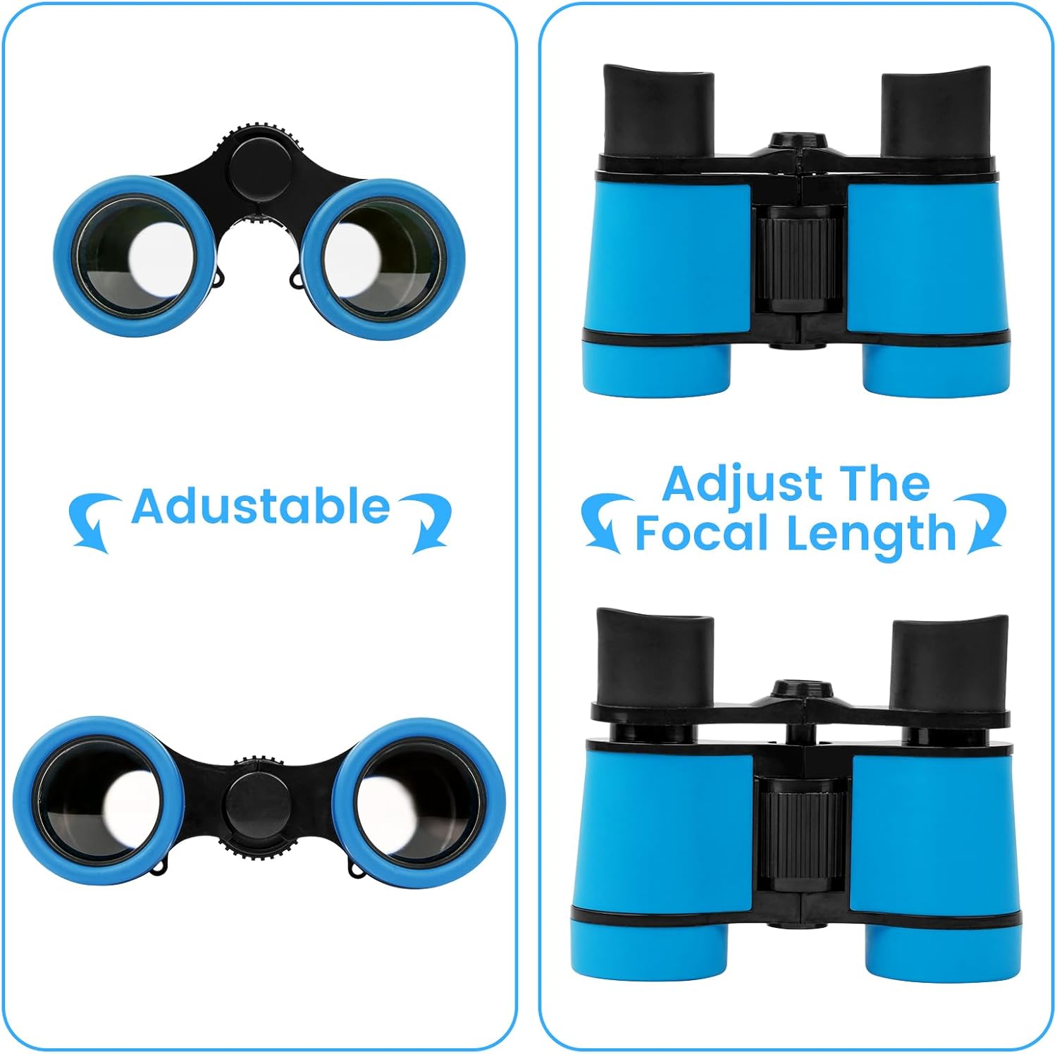 Highlights the binoculars' ability to adjust the focal length, allowing users to get a clear view at different distances.