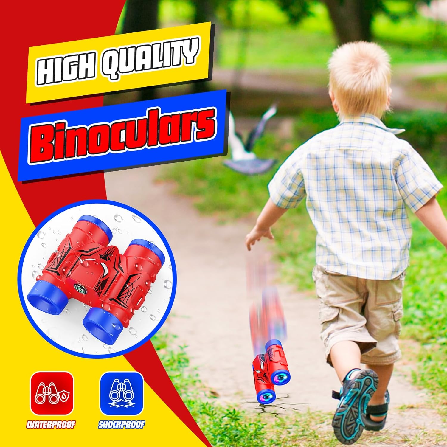 Highlights the binoculars' waterproof and shockproof features to reassure parents that they are durable and safe for kids to use outdoors.
