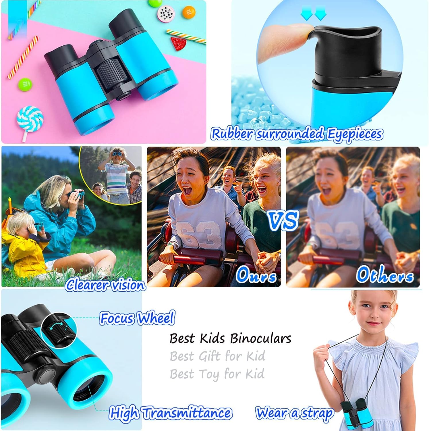 Highlights multiple features of the kids binoculars like rubber eyepieces, focus wheel, high light transmittance, and ability to wear a strap to showcase its suitability and benefits for children.