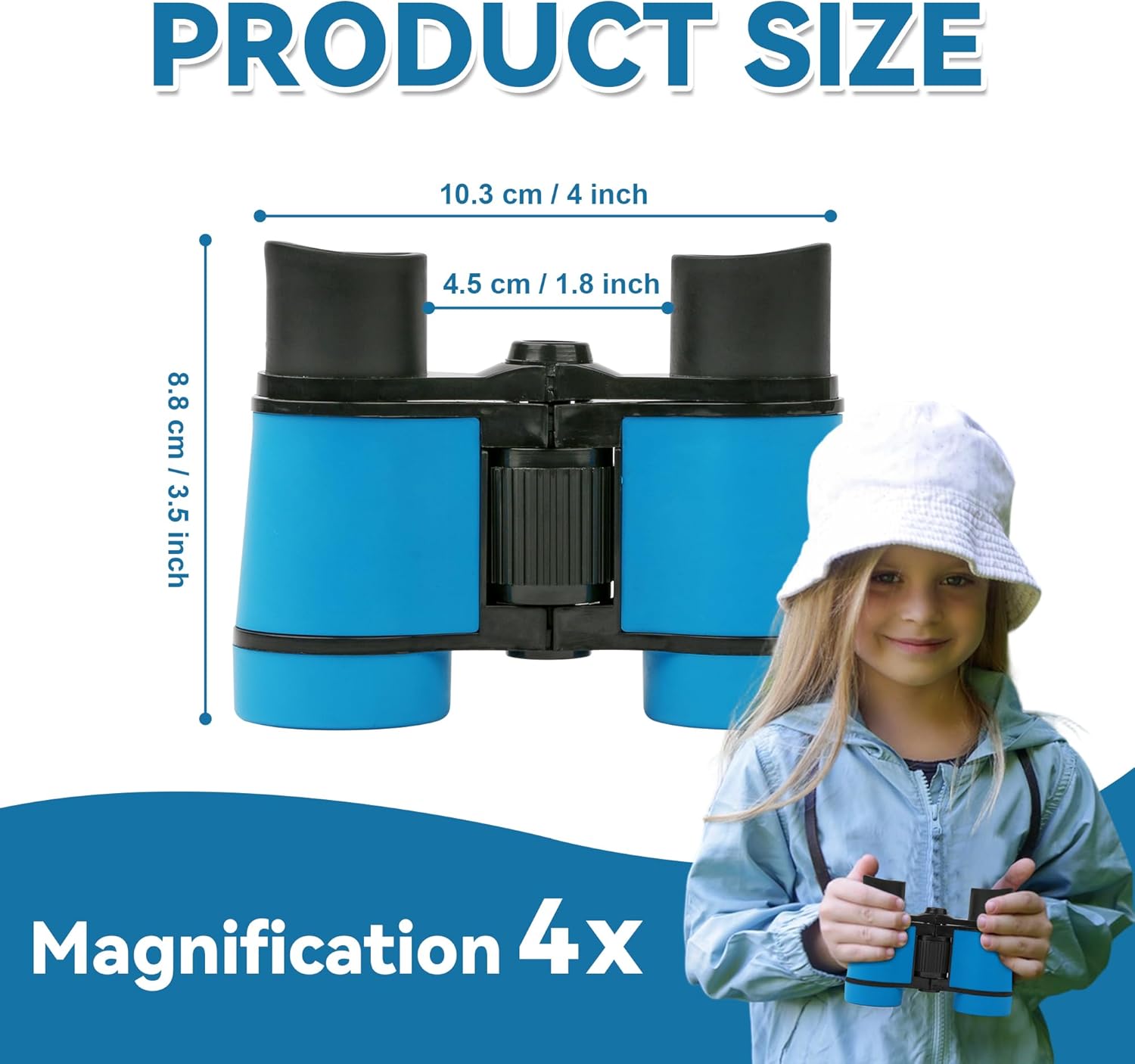 Clearly communicates the product's dimensions and magnification power to help shoppers understand its physical size and capabilities.