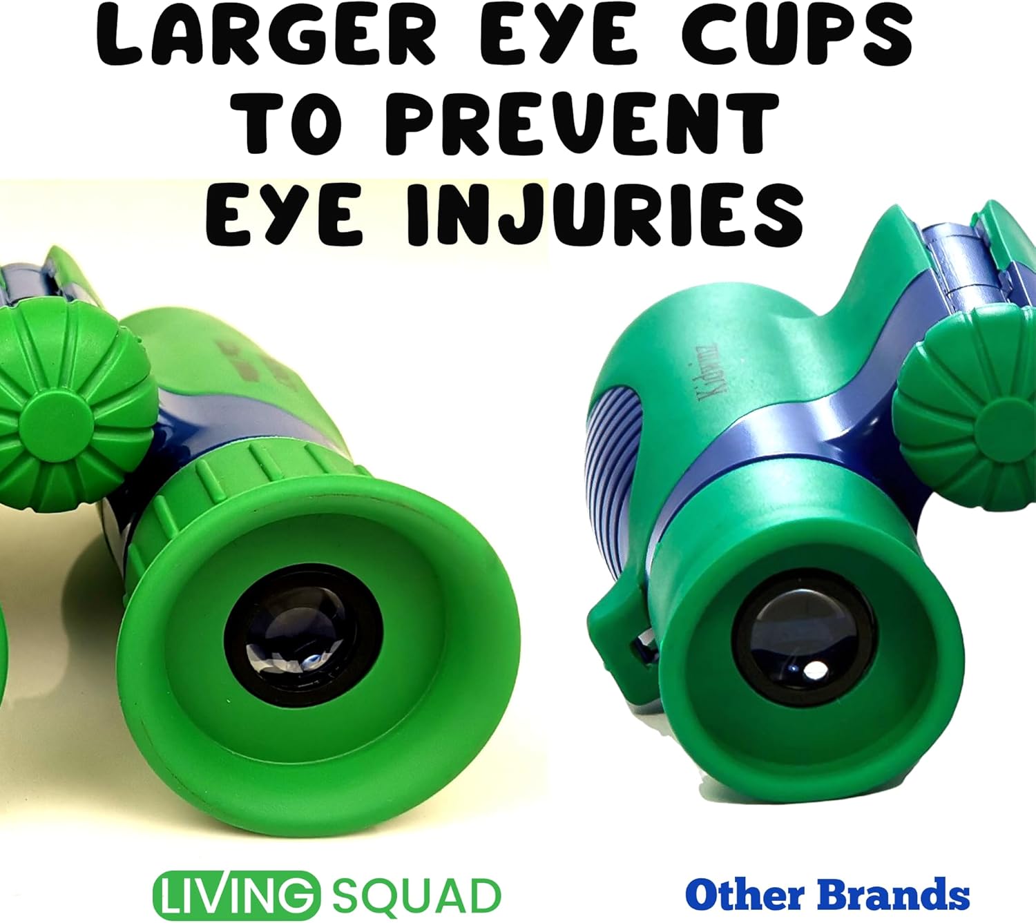 Highlights the product's larger eye cup design as a key safety feature to prevent eye injuries.