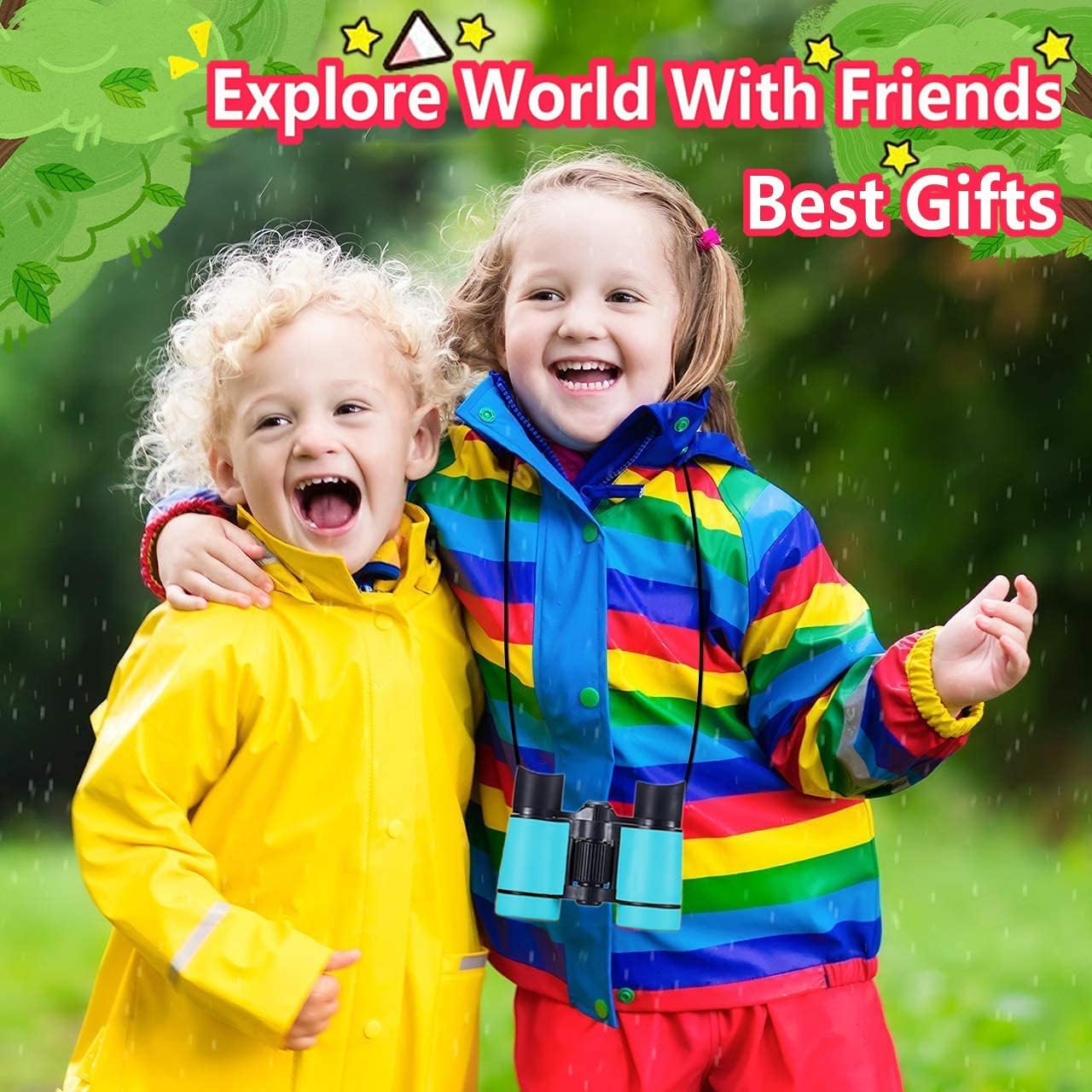 Showcases kids having fun outdoors while wearing bright, colorful raincoats, creating a relatable and authentic user-generated feel.