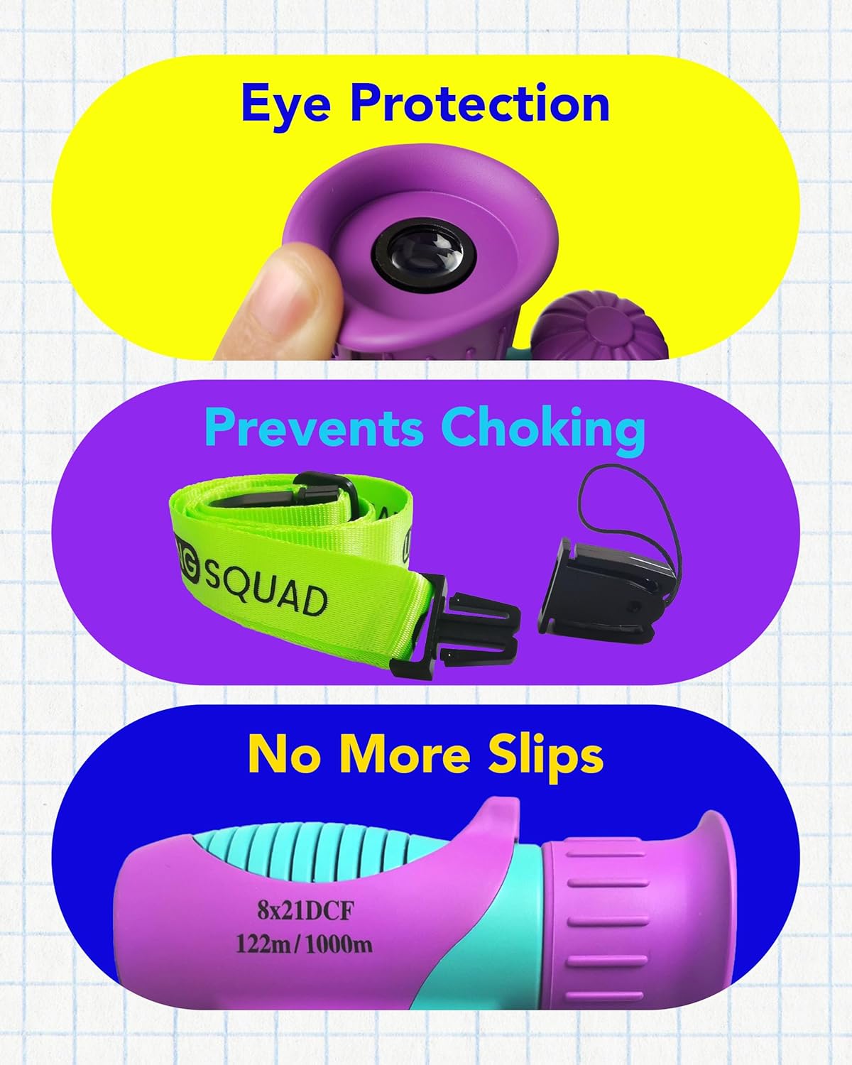 Highlights three key features of the product - eye protection, anti-choking design, and non-slip grip - to showcase its safety benefits.