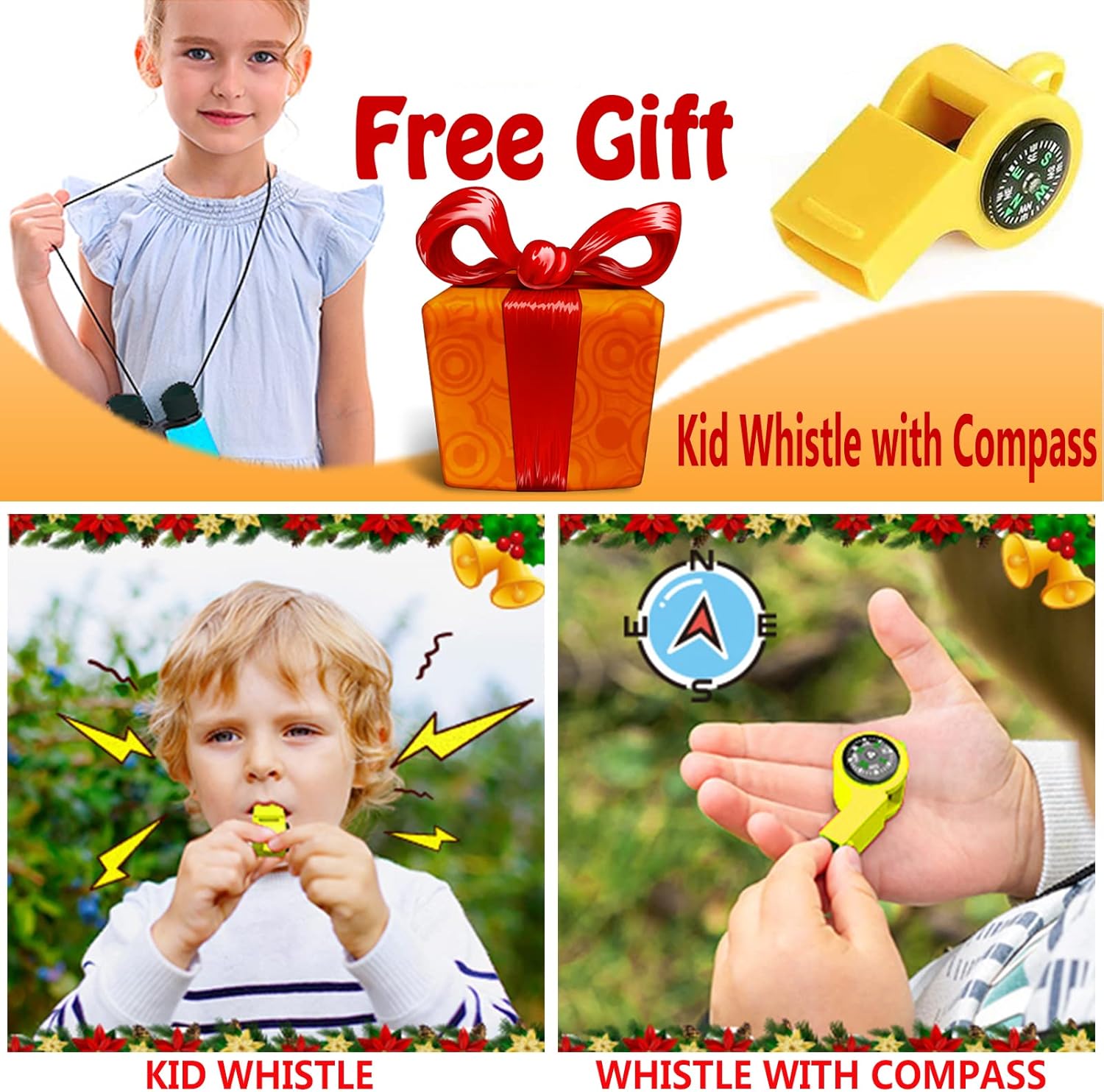 Shows the free gift included with the purchase - a kid's whistle with a built-in compass.