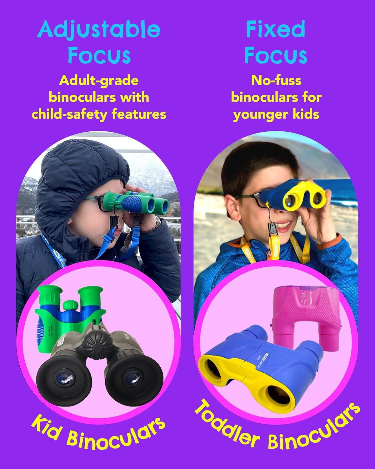 Guides parents in selecting the appropriate binoculars for their child's age and needs by comparing the adjustable focus (for older kids) and fixed focus (for younger kids) options.