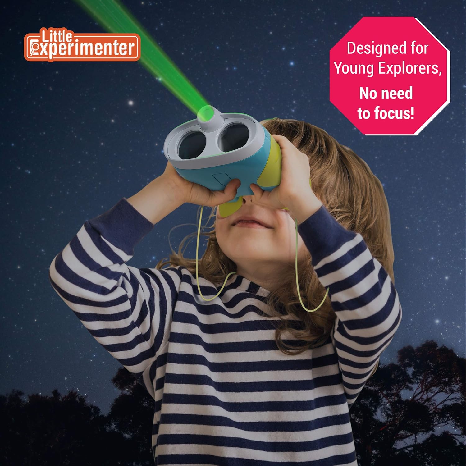 Highlights that the product does not require focusing, making it suitable for young explorers.