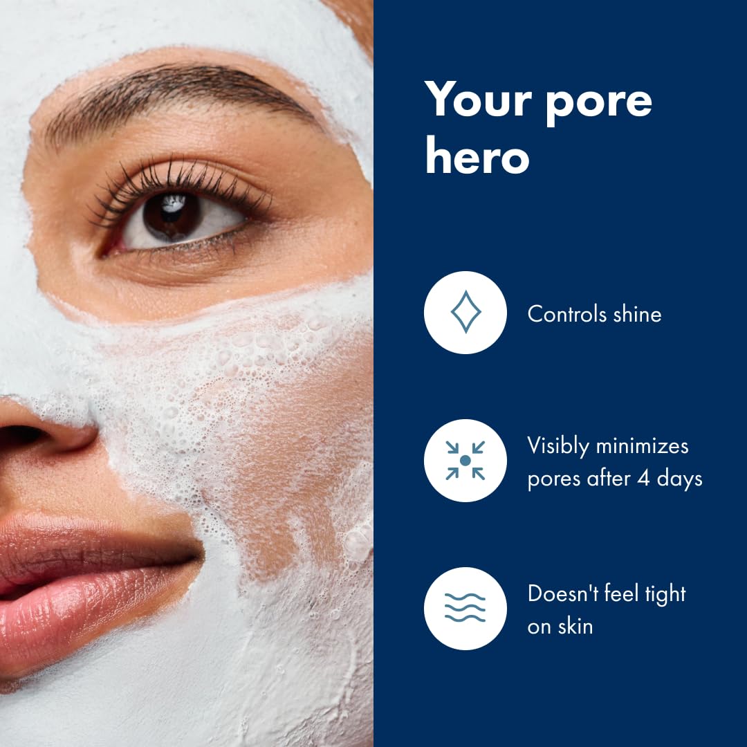 Highlights multiple benefits of the skincare product, focusing on its ability to minimize pores, control shine, and provide a gentle, non-tight feeling on the skin.