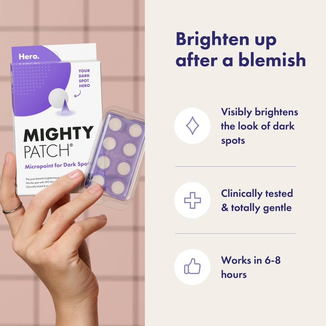 Highlights multiple benefits of the Mighty Patch product for treating dark spots, emphasizing its effectiveness, safety, and quick results.