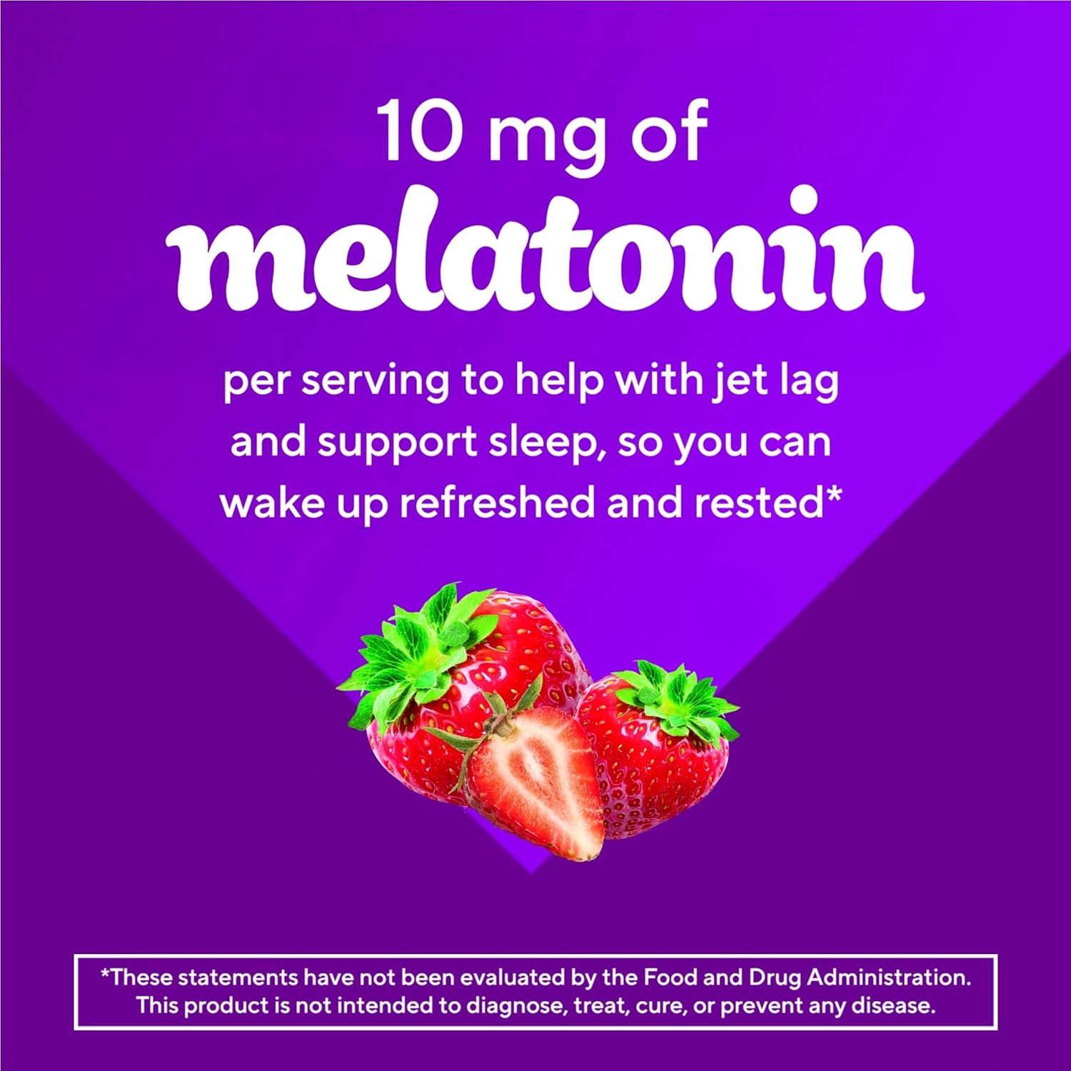 Highlights the specific amount of melatonin (10 mg) per serving to inform customers about the product's strength and dosage. Emphasizes the product's benefit of helping with jet lag and supporting…