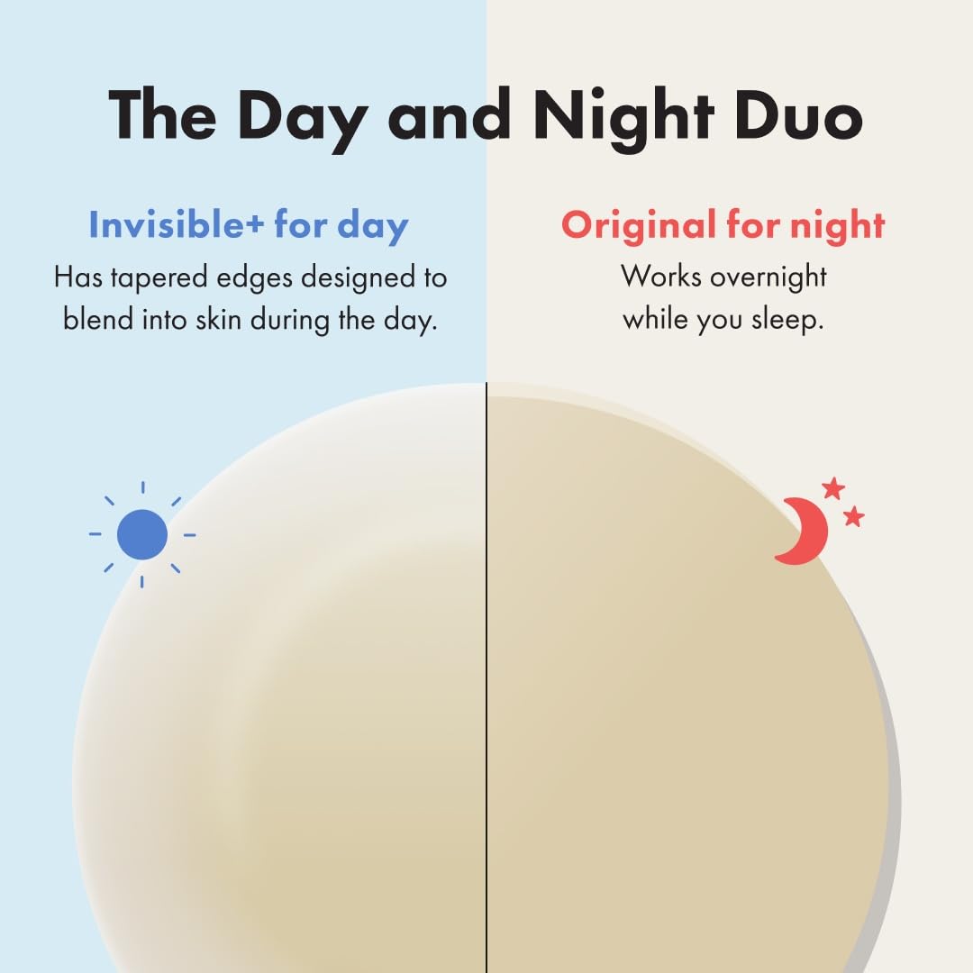 Highlights the product's dual functionality for day and night use, emphasizing its invisible design for daytime wear and overnight effectiveness.