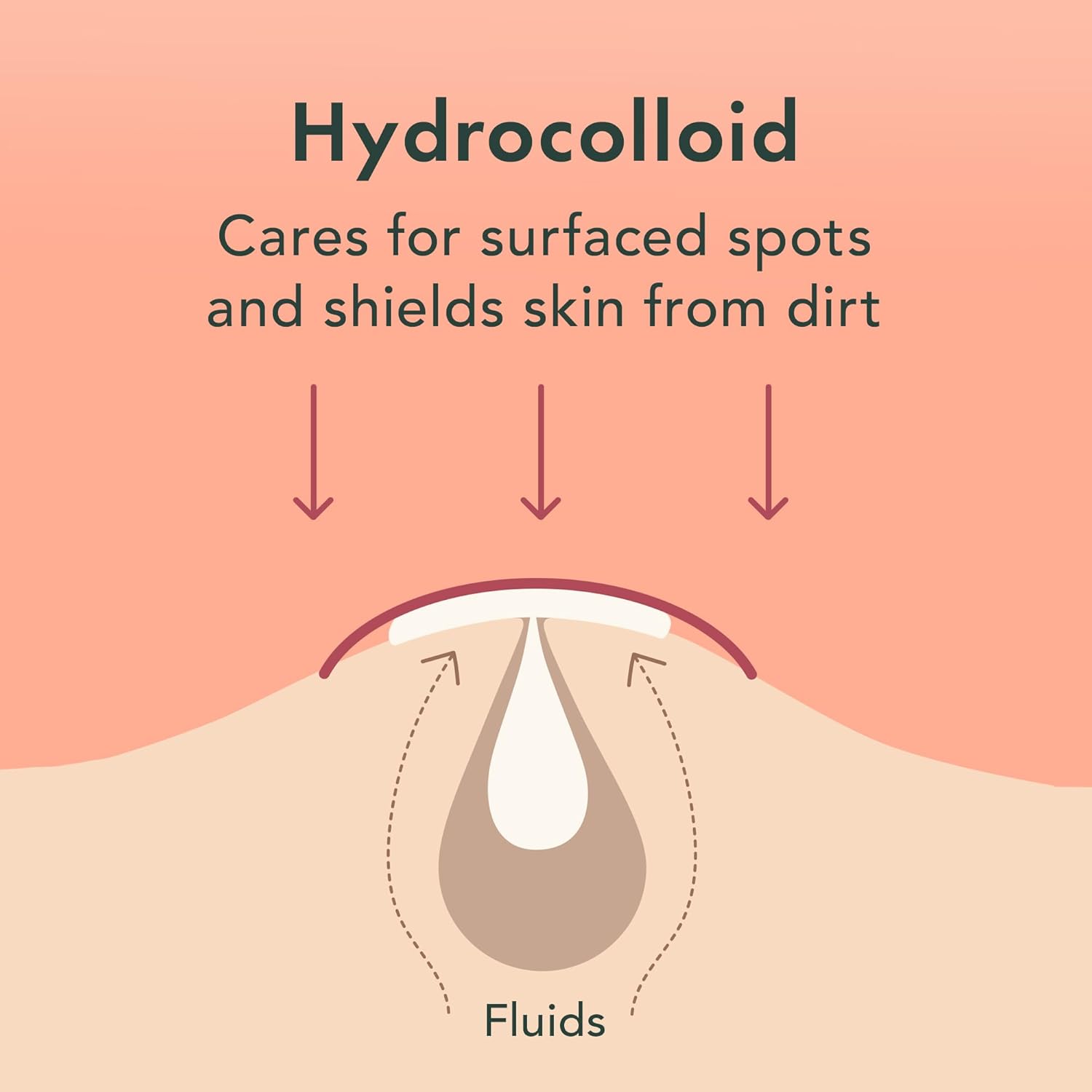 Explains how the hydrocolloid material protects and cares for skin blemishes by shielding them from dirt and absorbing fluids.
