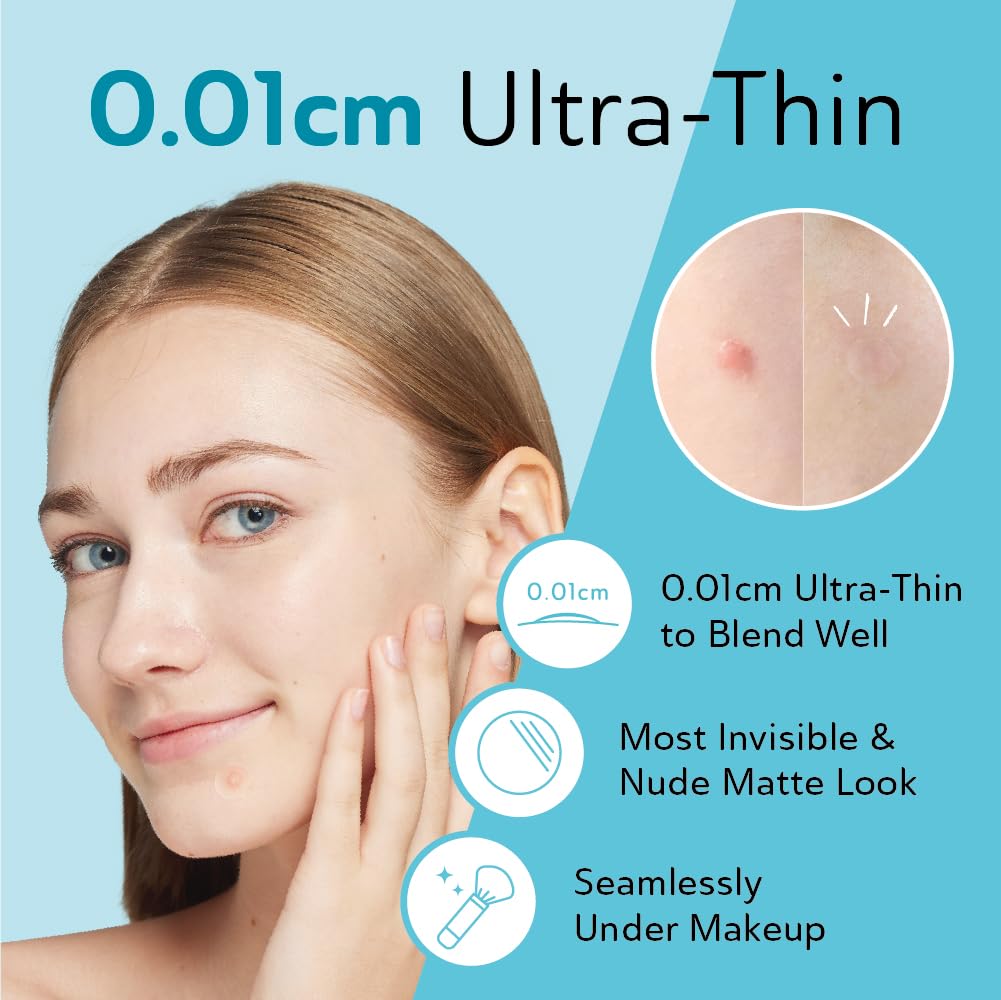Highlights the ultra-thin (0.01cm) nature of the acne patch, emphasizing its invisibility and seamless blending with skin.