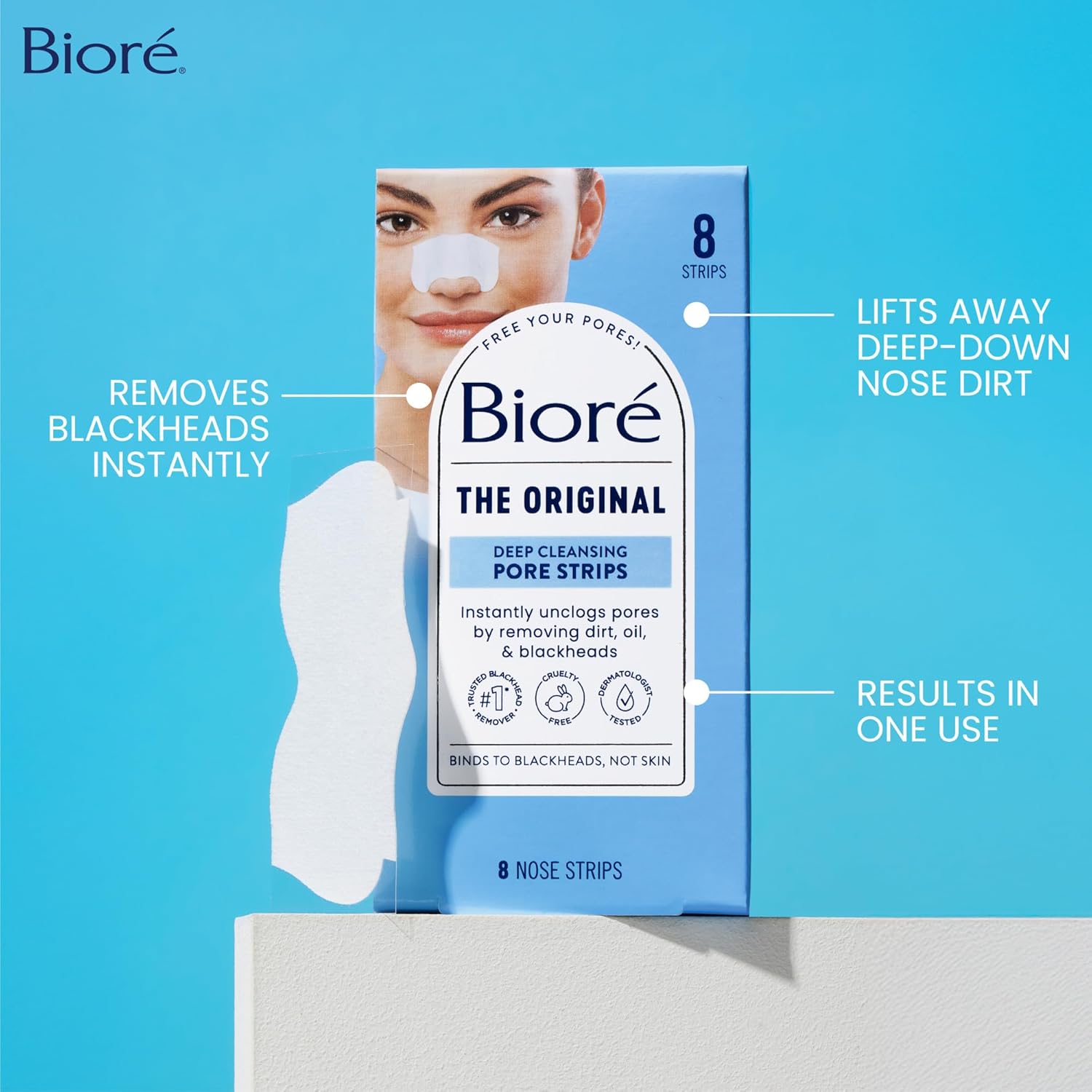 Highlights multiple benefits of the pore strips including blackhead removal, deep cleansing, and instant results to convince shoppers of the product's effectiveness.