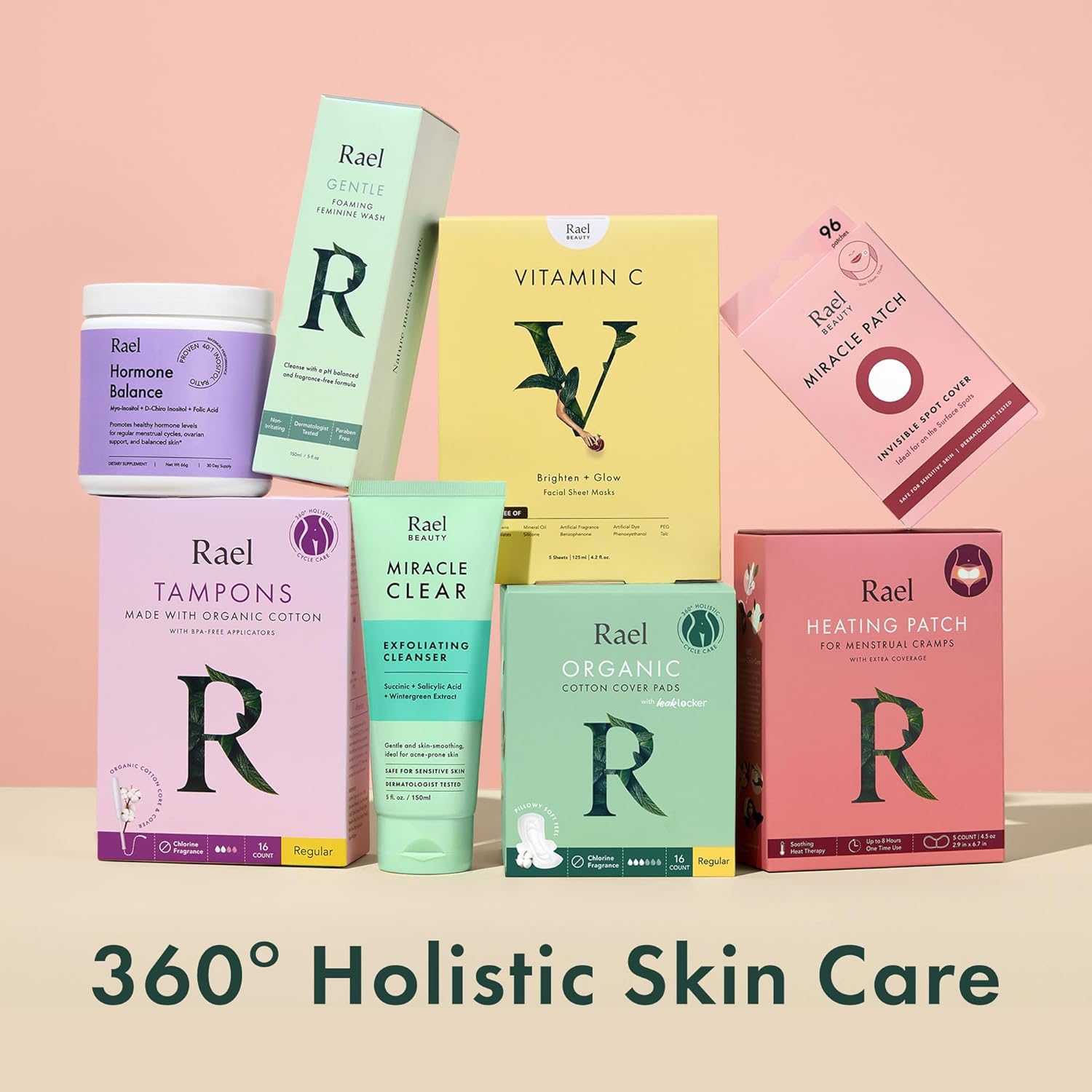 Showcases the full range of Rael products to demonstrate the brand's comprehensive approach to skincare and feminine care. Highlights multiple product benefits and features to show the brand's…