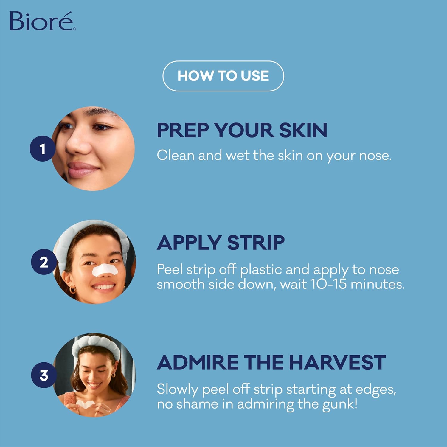 Provides step-by-step instructions on how to properly use Bioré nose strips for removing blackheads and cleaning pores.