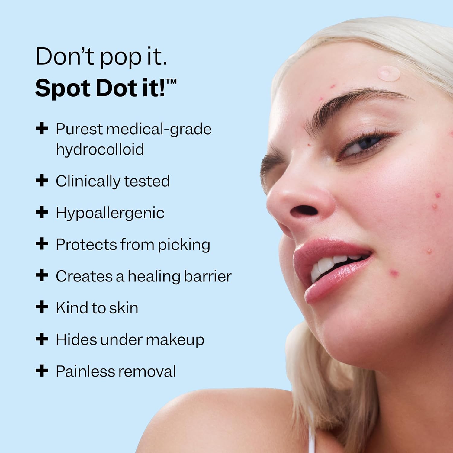 Highlights multiple benefits of the product for treating and protecting acne-prone skin, emphasizing its medical-grade quality and gentle effectiveness.