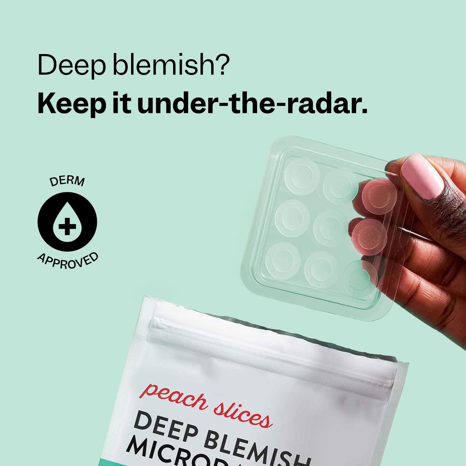 Highlights the product's ability to treat deep blemishes discreetly, emphasizing its effectiveness for targeted skincare concerns.