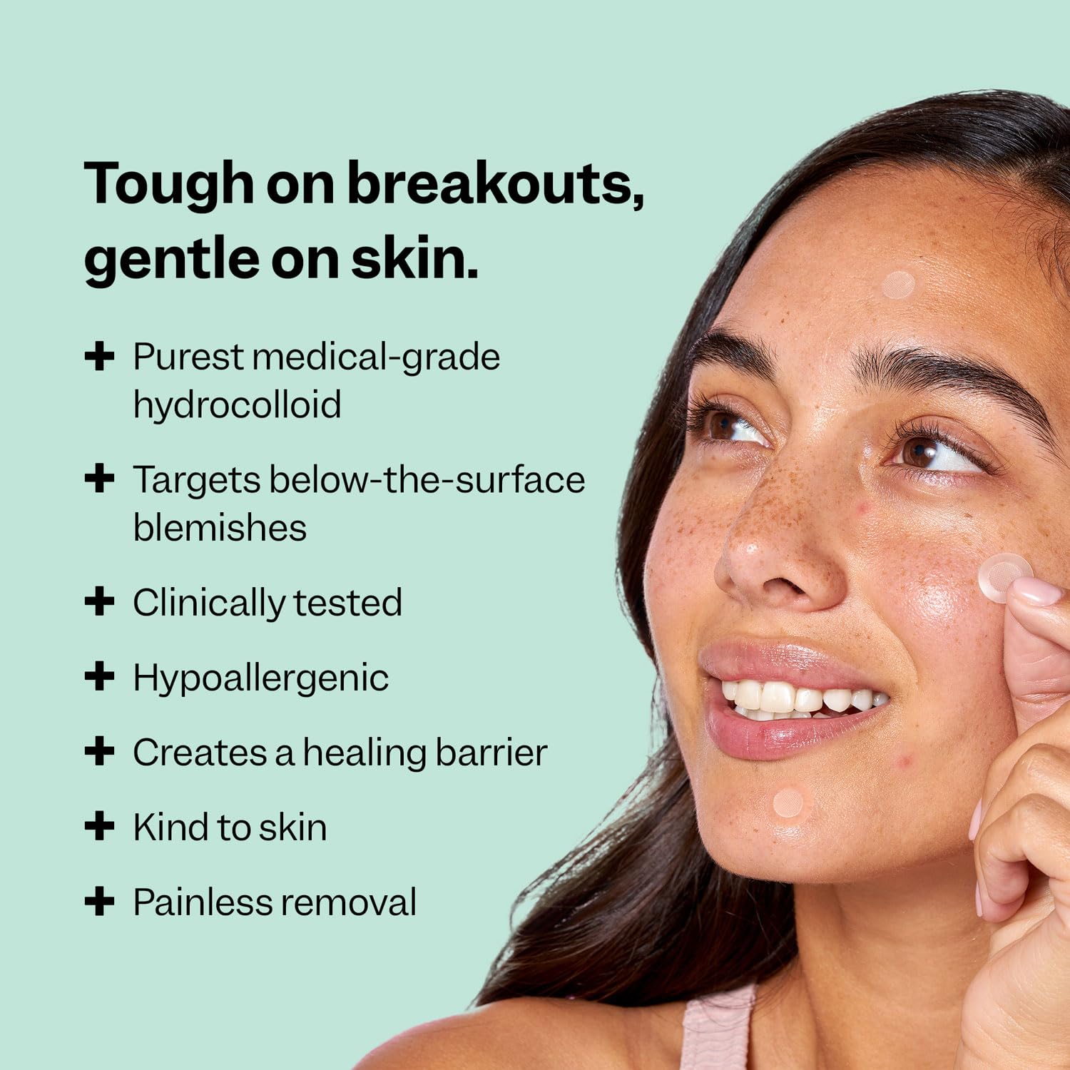 Highlights multiple benefits of the skincare product, emphasizing its effectiveness against breakouts while being gentle on the skin.