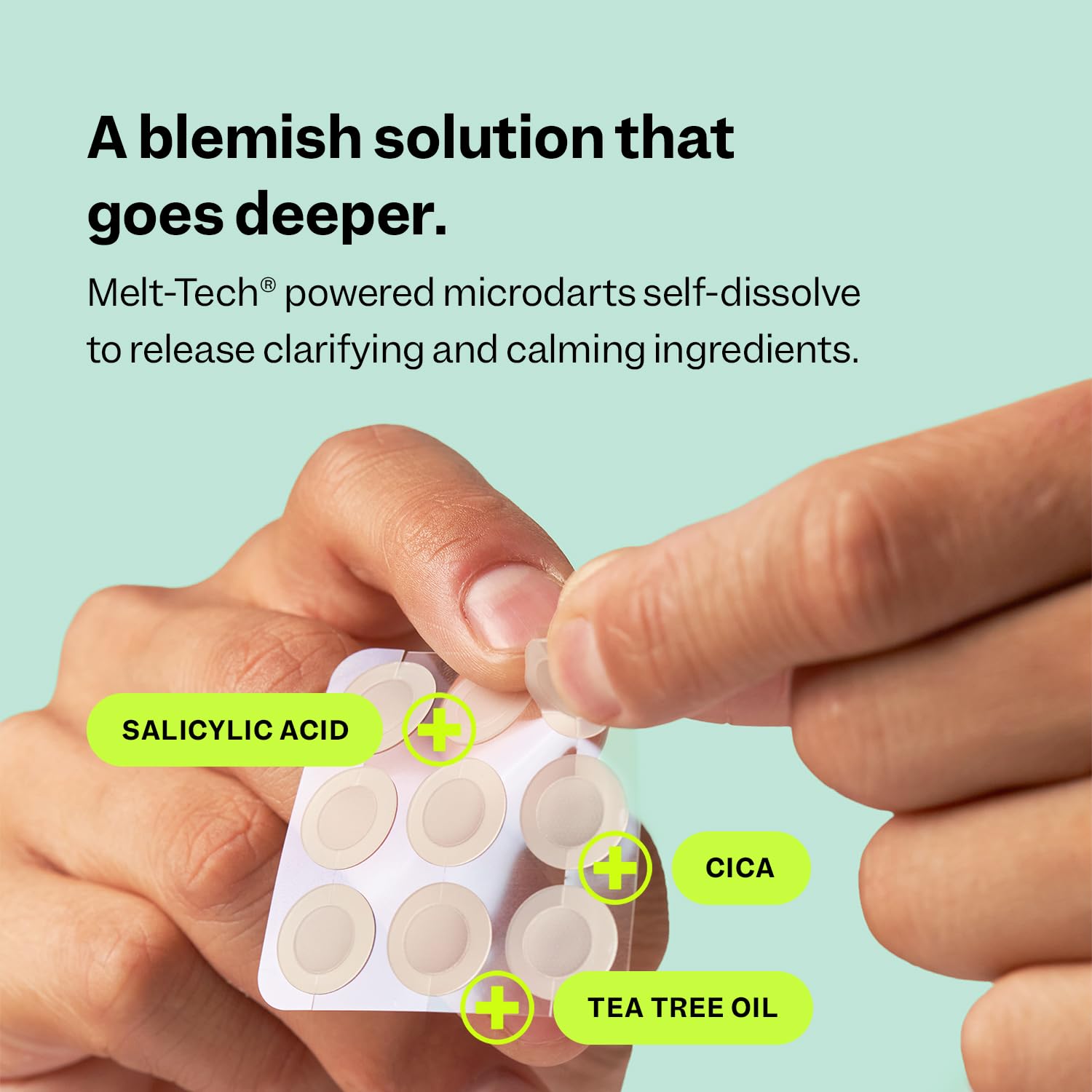 Highlights the product's unique Melt-Tech microdarts technology that delivers acne-fighting ingredients deeper into the skin. Showcases the three main active ingredients (Salicylic Acid, CICA, Tea…