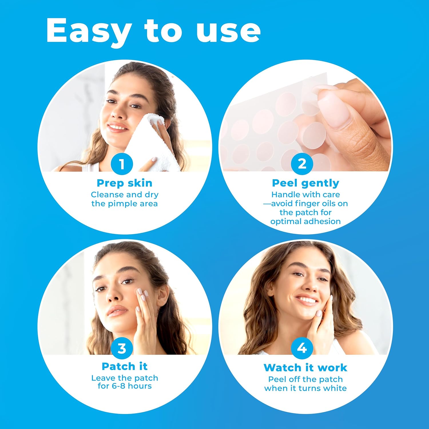 Demonstrates the step-by-step process of using acne patches, making it easy for customers to understand how to properly apply and use the product.
