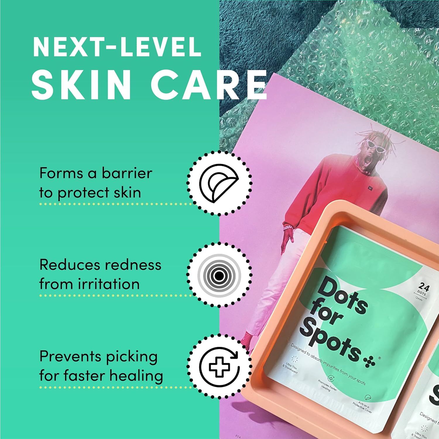 Highlights multiple benefits of the skincare product to show its comprehensive approach to treating skin issues.