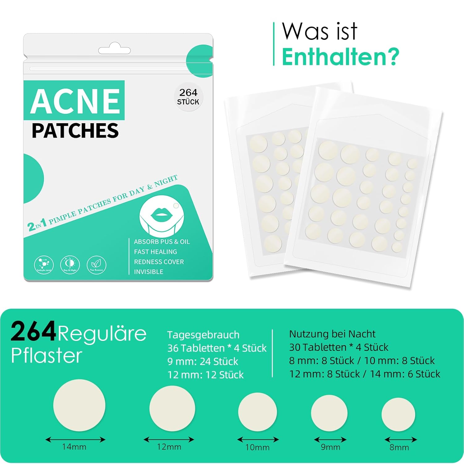 Shows the exact contents of the acne patch package, including the number and sizes of patches for day and night use.