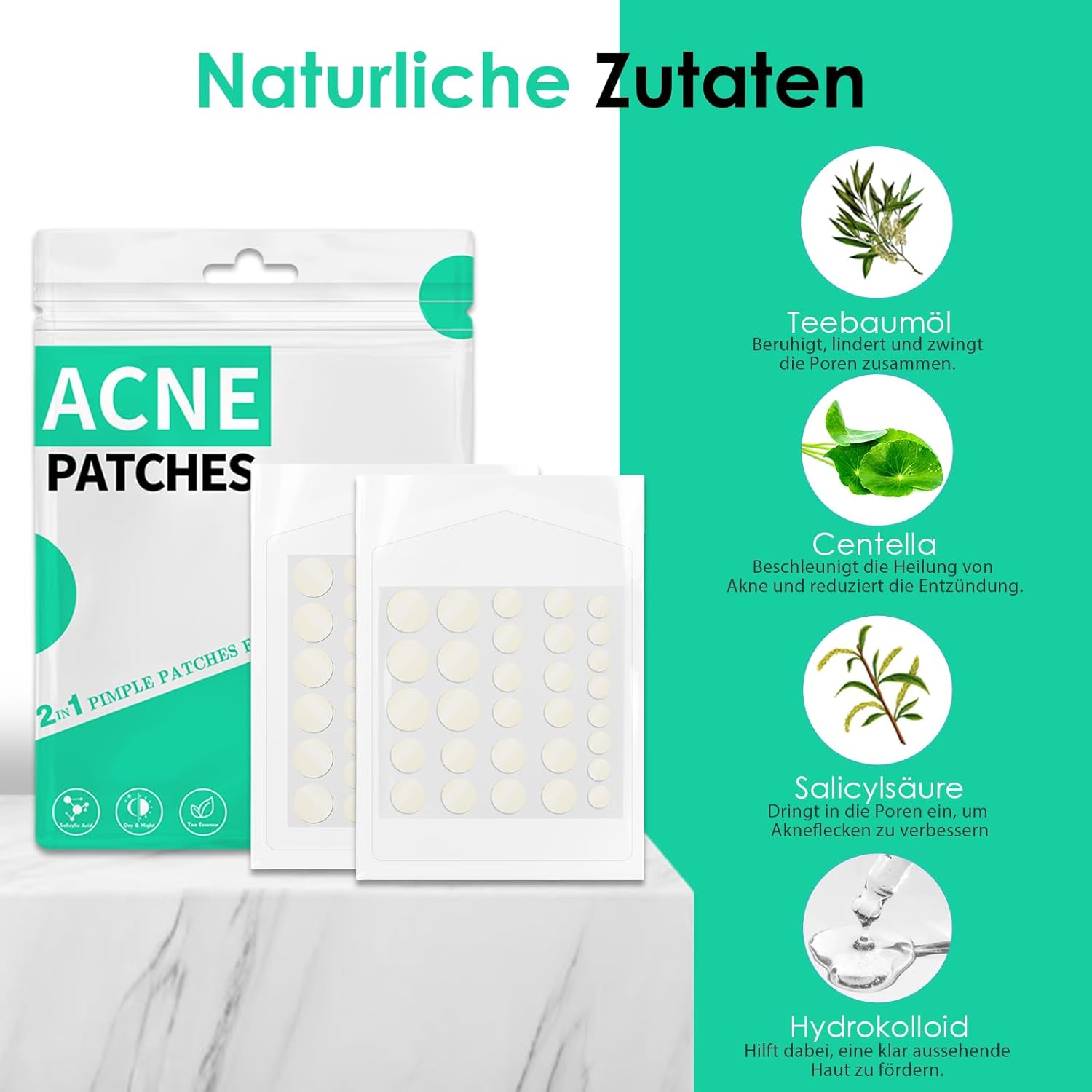 Highlights the natural ingredients in the acne patches and their specific benefits for treating acne.