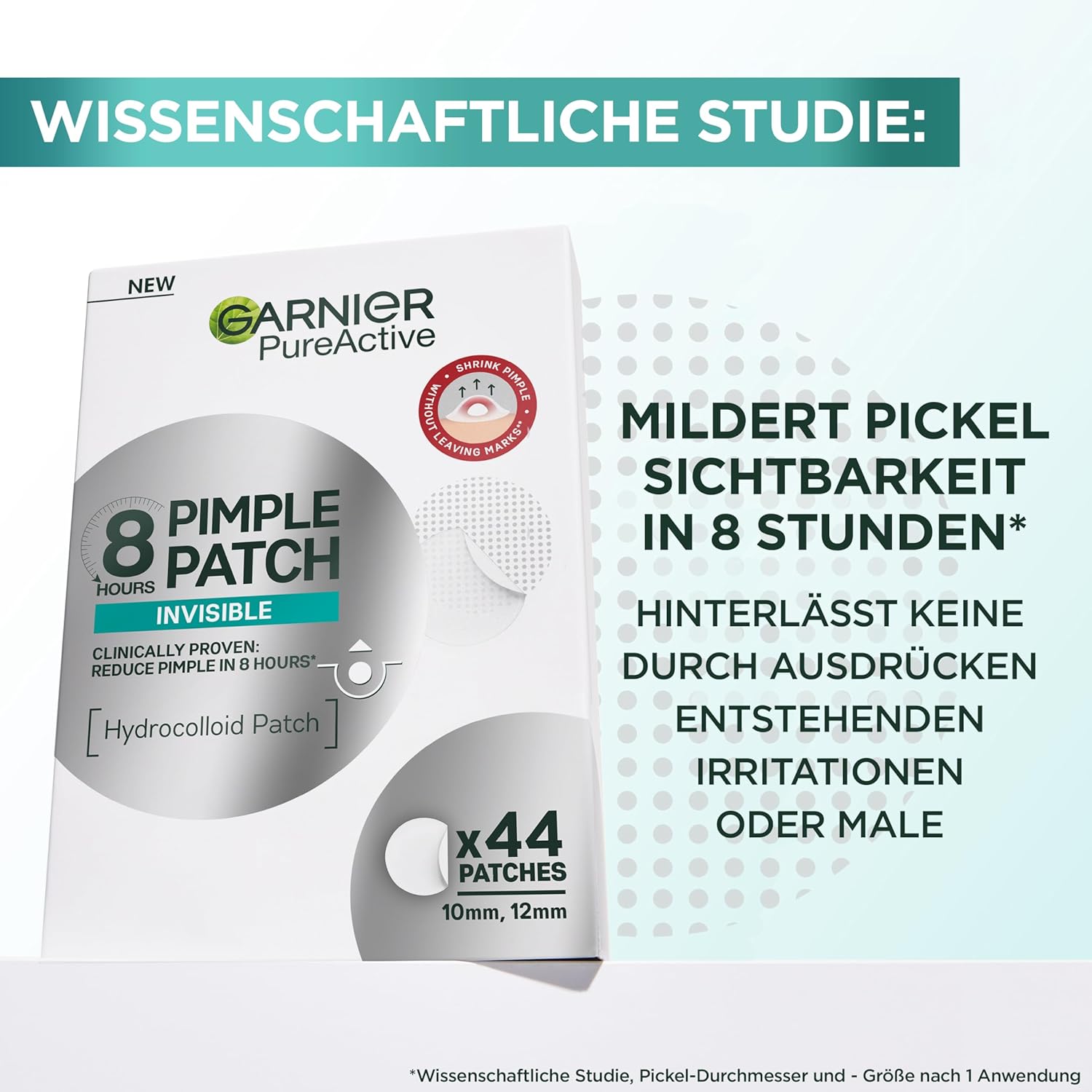 Highlights the product's ability to reduce pimple visibility in 8 hours, emphasizing its fast-acting and non-irritating properties.