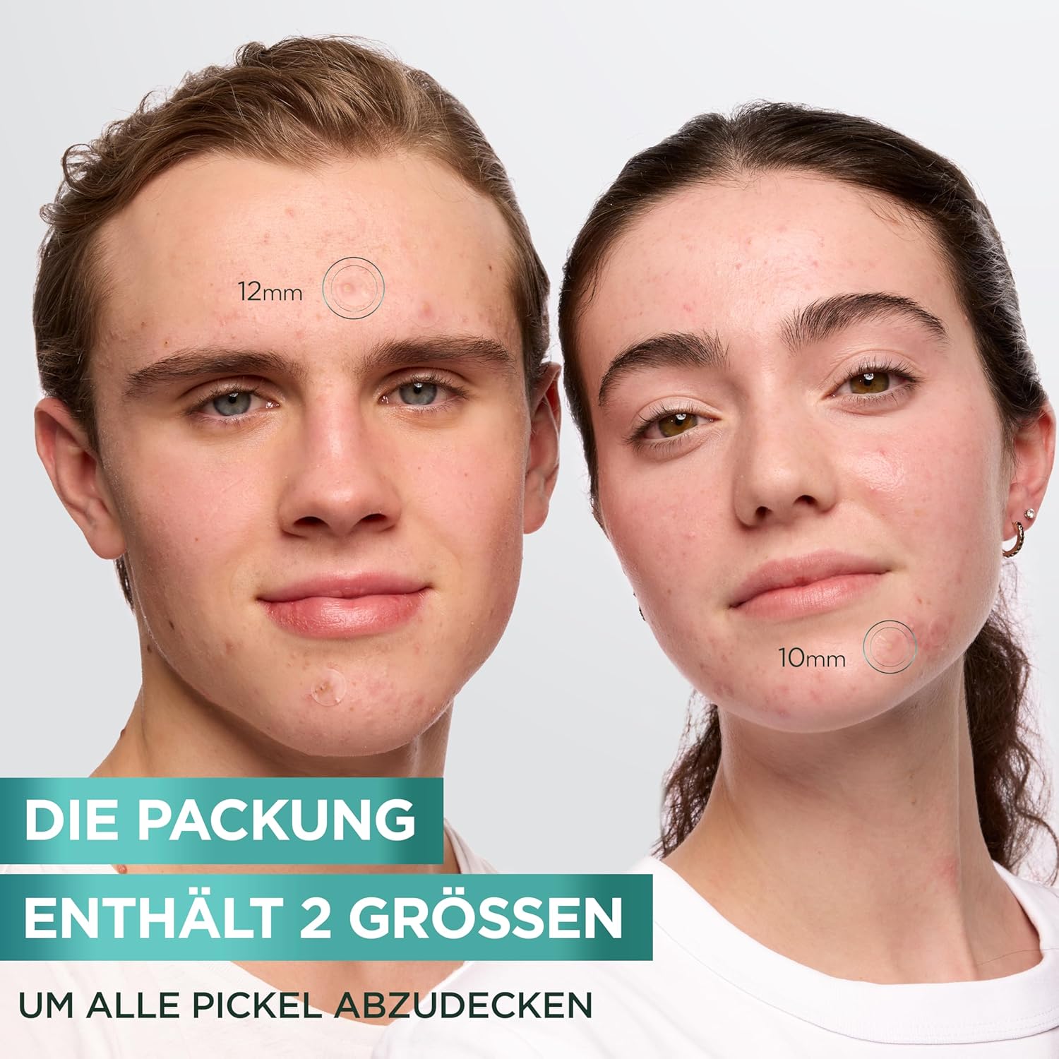 Shows the different sizes of acne patches available to cover various pimple sizes on different face areas. Demonstrates where and how to apply the acne patches on different areas of the face.