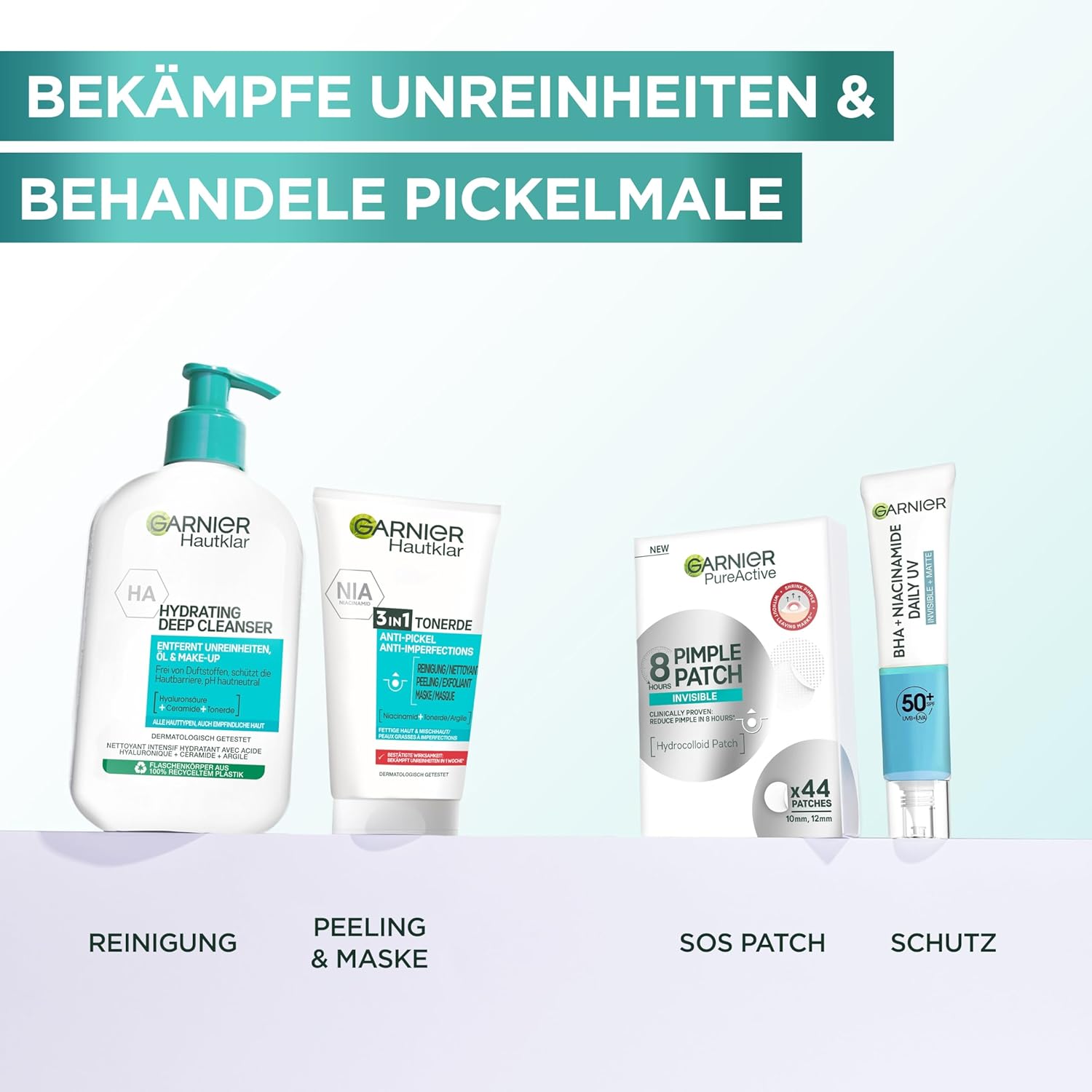 Showcases a complete skincare routine for treating acne and imperfections, highlighting multiple products and their specific uses.