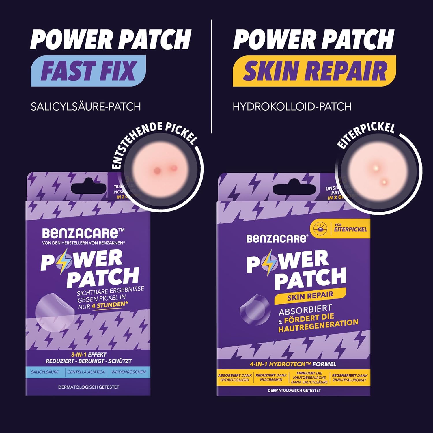 Compares two different types of Power Patch products, highlighting their specific uses and benefits for treating different skin issues.