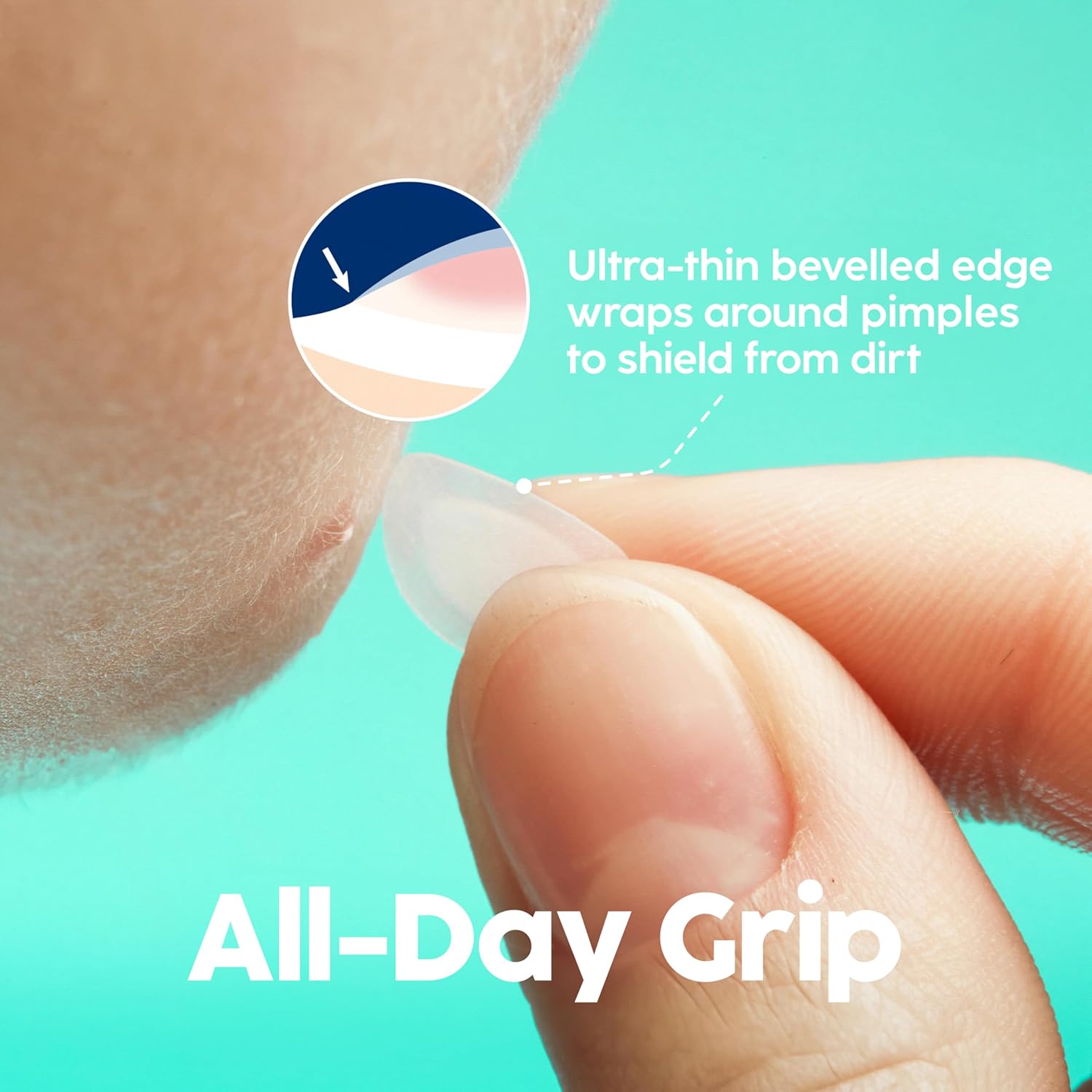 Highlights the product's ultra-thin design that wraps around pimples to protect them, emphasizing its effectiveness and long-lasting adherence.