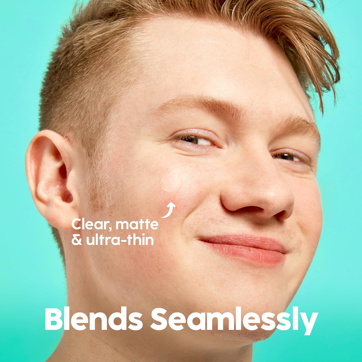 Highlights the product's ability to blend seamlessly with skin, emphasizing its clear, matte, and ultra-thin properties.