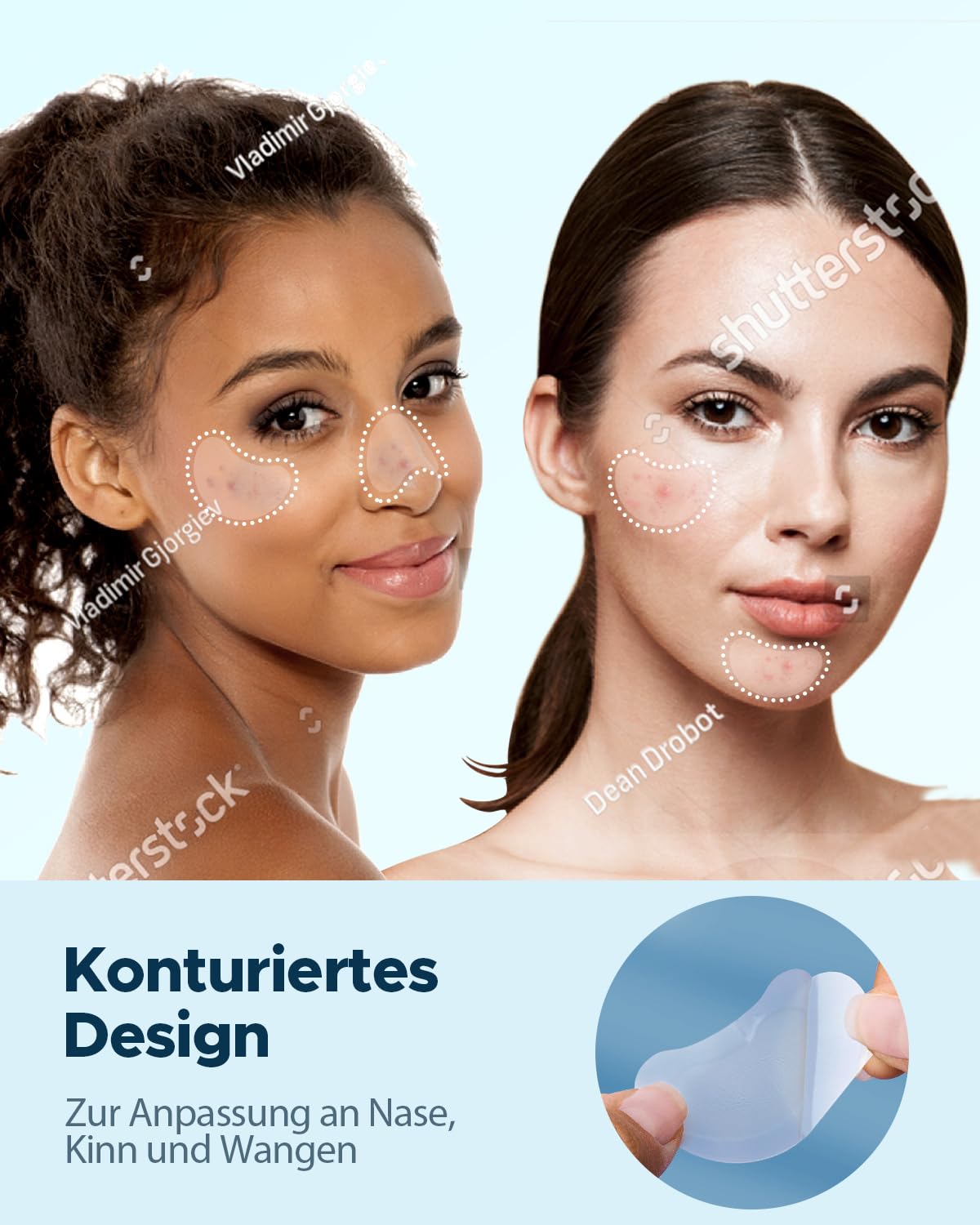 Demonstrates how the product is designed to safely and comfortably fit different facial features.