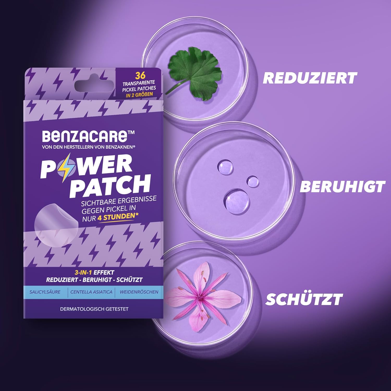Highlights the 3-in-1 effect of the product: reducing acne, soothing skin, and protecting it. Aims to show the comprehensive benefits of using the Power Patch.