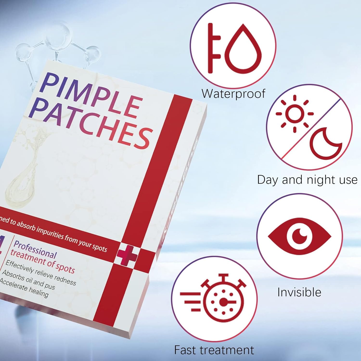 Highlights multiple key features of the pimple patches to demonstrate their effectiveness and convenience for users.