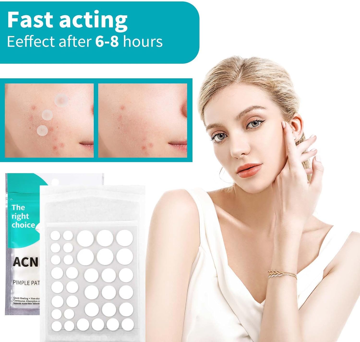 Demonstrates the fast-acting effectiveness of the acne treatment product, showing visible results after 6-8 hours of use. Highlights the quick effectiveness of the product, emphasizing its ability…