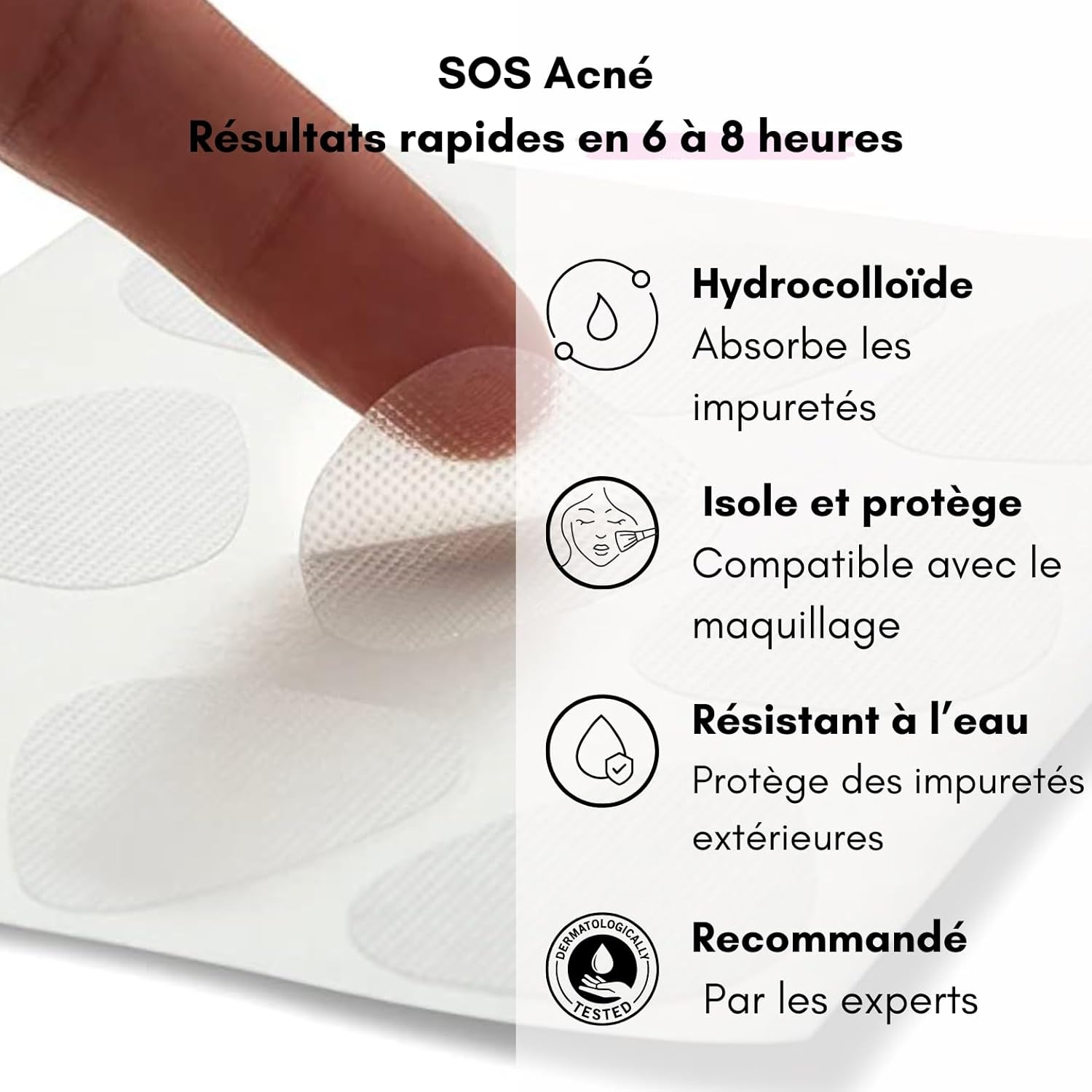 Highlights multiple benefits of the acne patches to show their effectiveness and convenience for users.