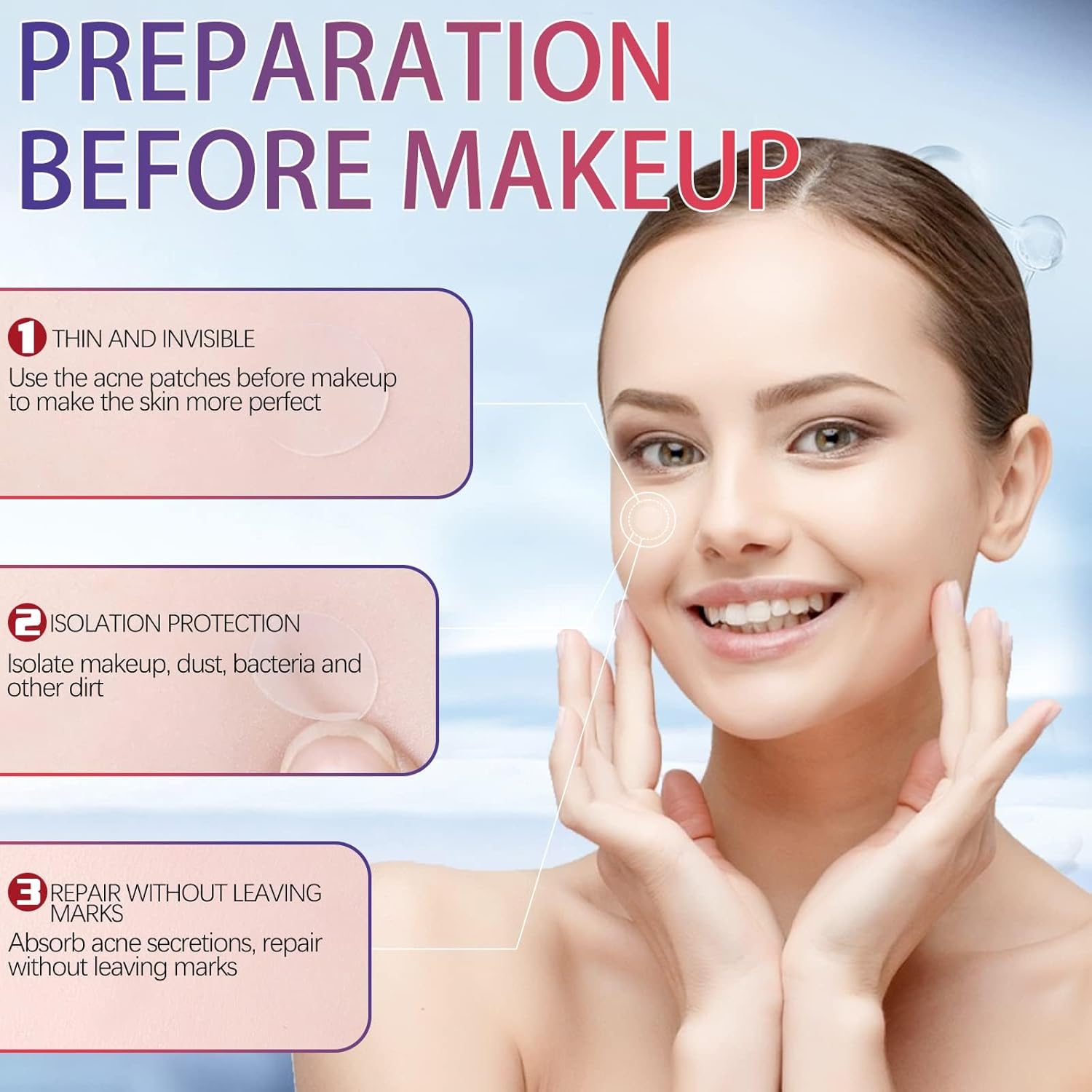Highlights multiple benefits of using acne patches before makeup application, including perfecting skin, protecting from contaminants, and repairing acne without marks.