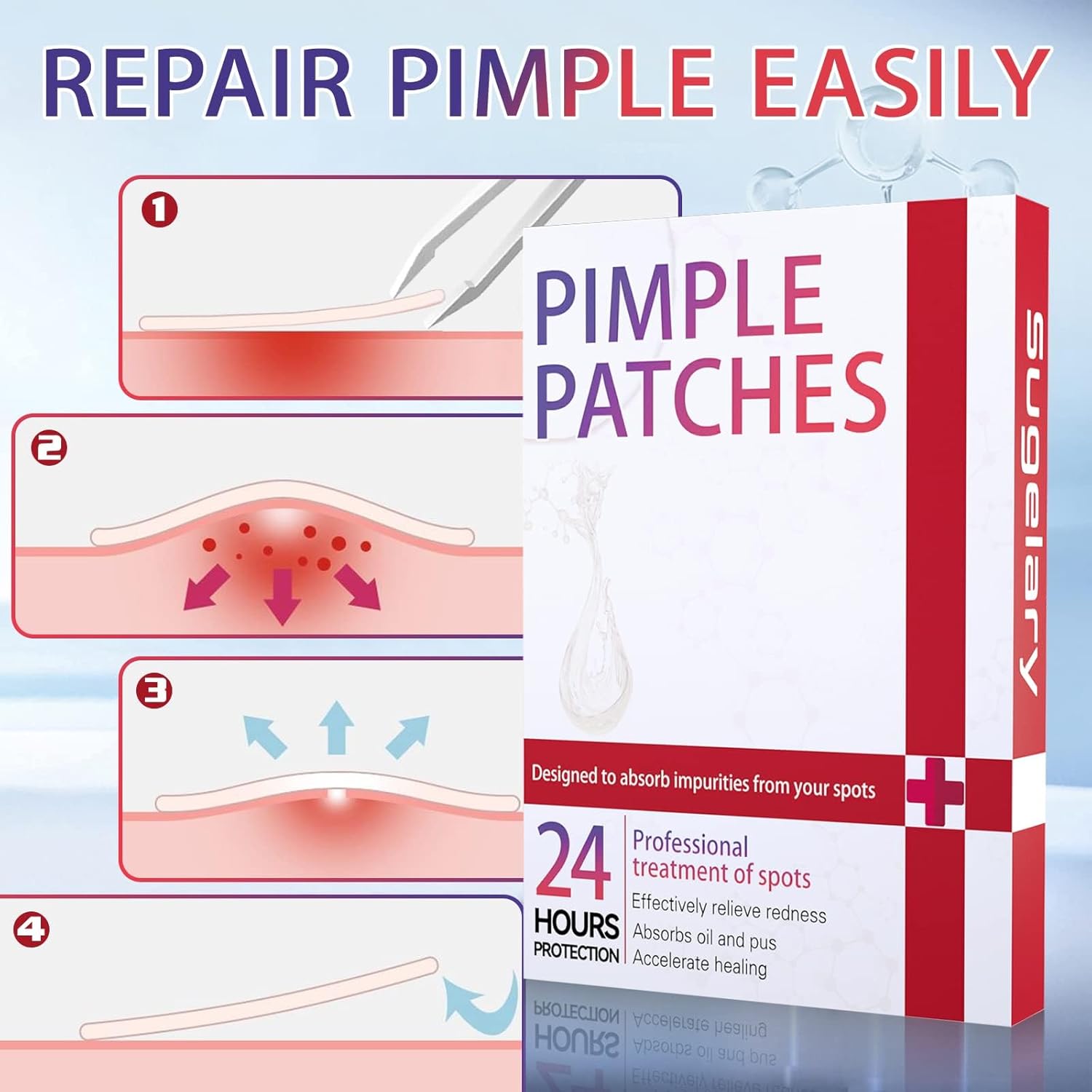Demonstrates the step-by-step process of using pimple patches to treat acne, showing how easy and effective the product is to use. Highlights the key benefit of 24-hour protection, emphasizing the…