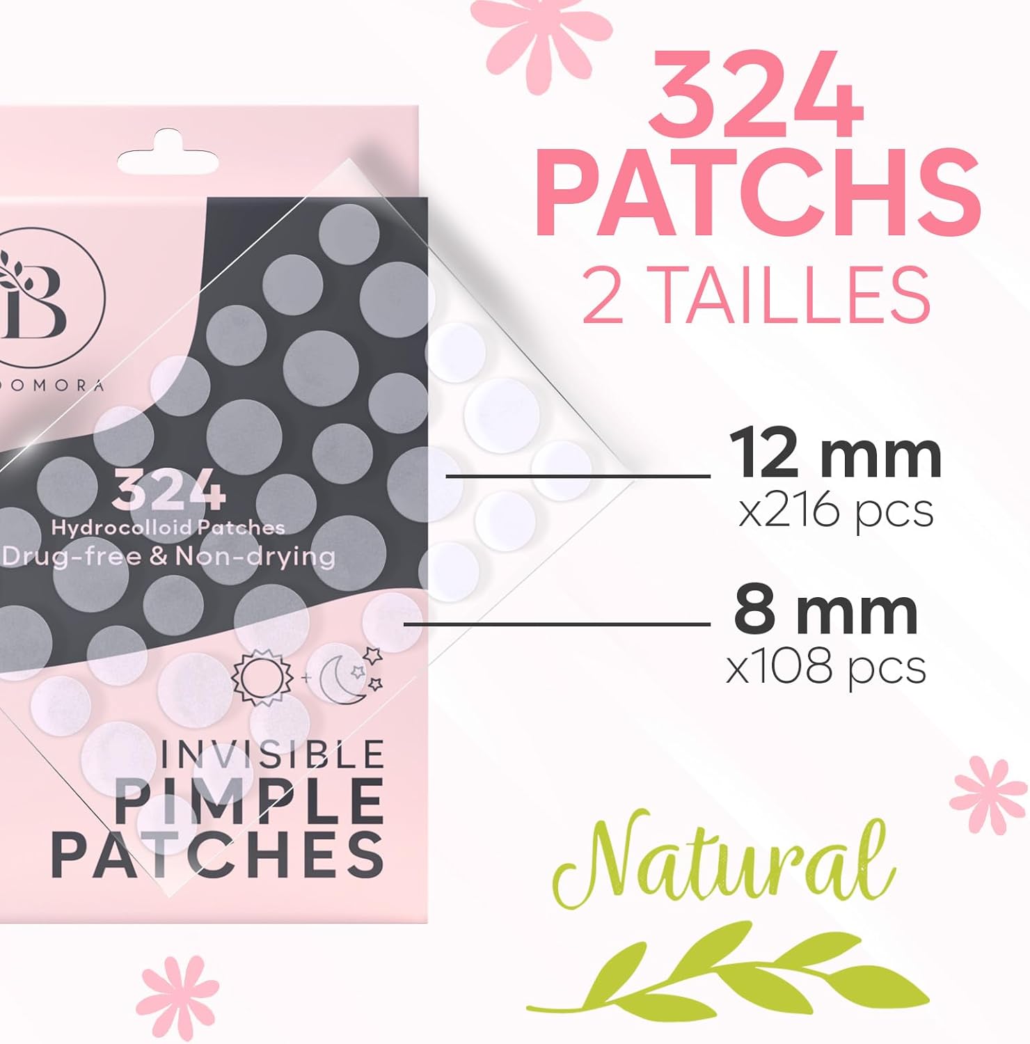 Communicates the exact number of patches included and the two available size options to help shoppers understand the product's value and versatility.