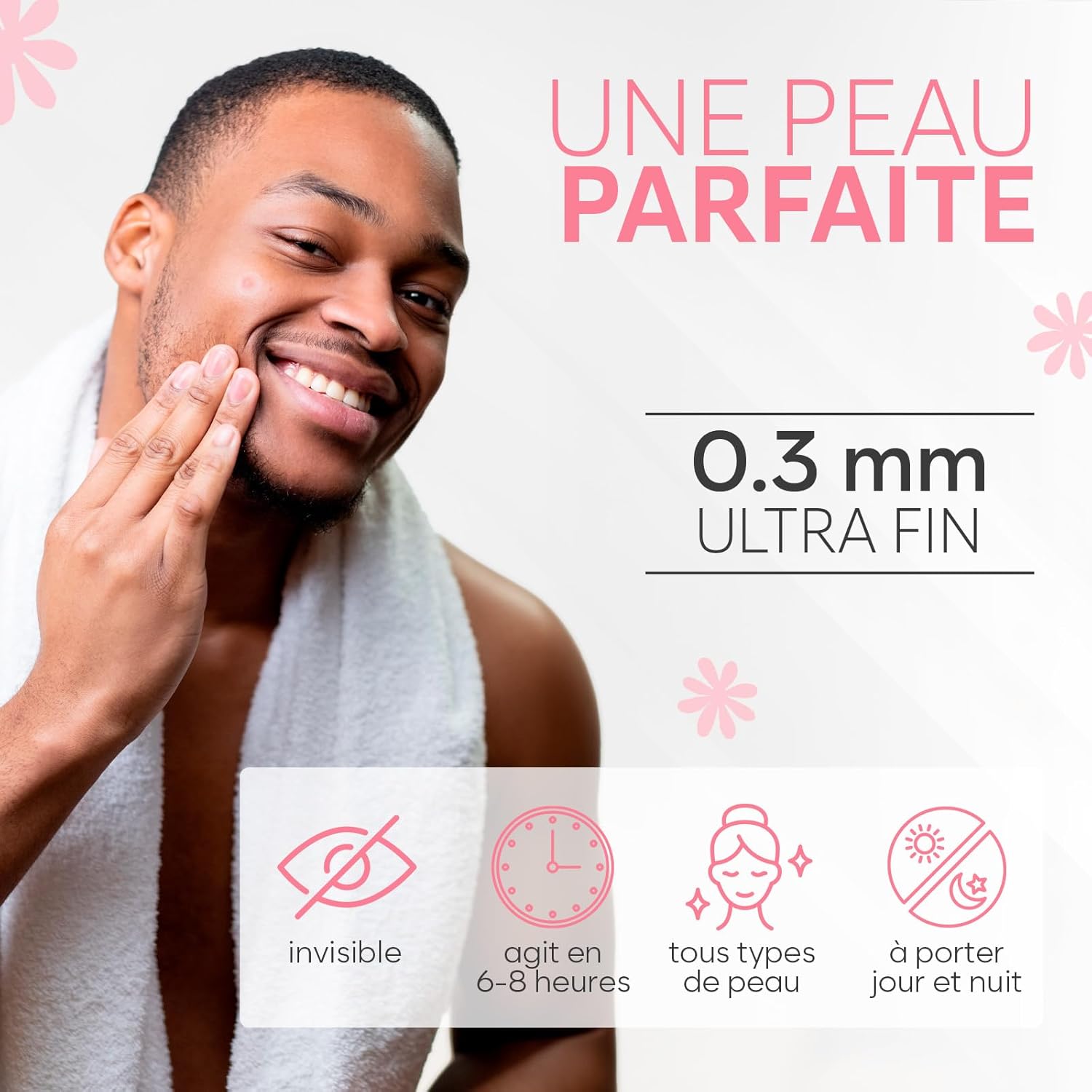 Highlights multiple benefits of the skincare product, emphasizing its ultra-thin application, long-lasting effect, invisibility, suitability for all skin types, and versatile use.