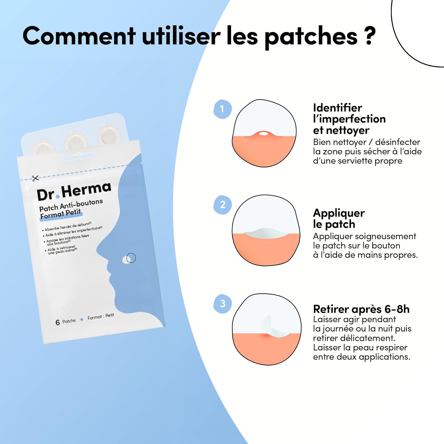 Provides step-by-step instructions on how to properly use the Dr. Herma anti-acne patches, ensuring customers use the product correctly for best results.